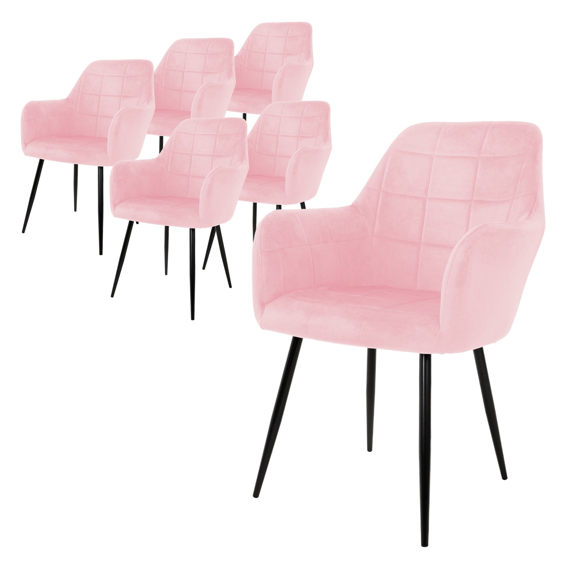 Sechs rosa Stühle mit schwarzen Beinen stehen in einer Reihe.