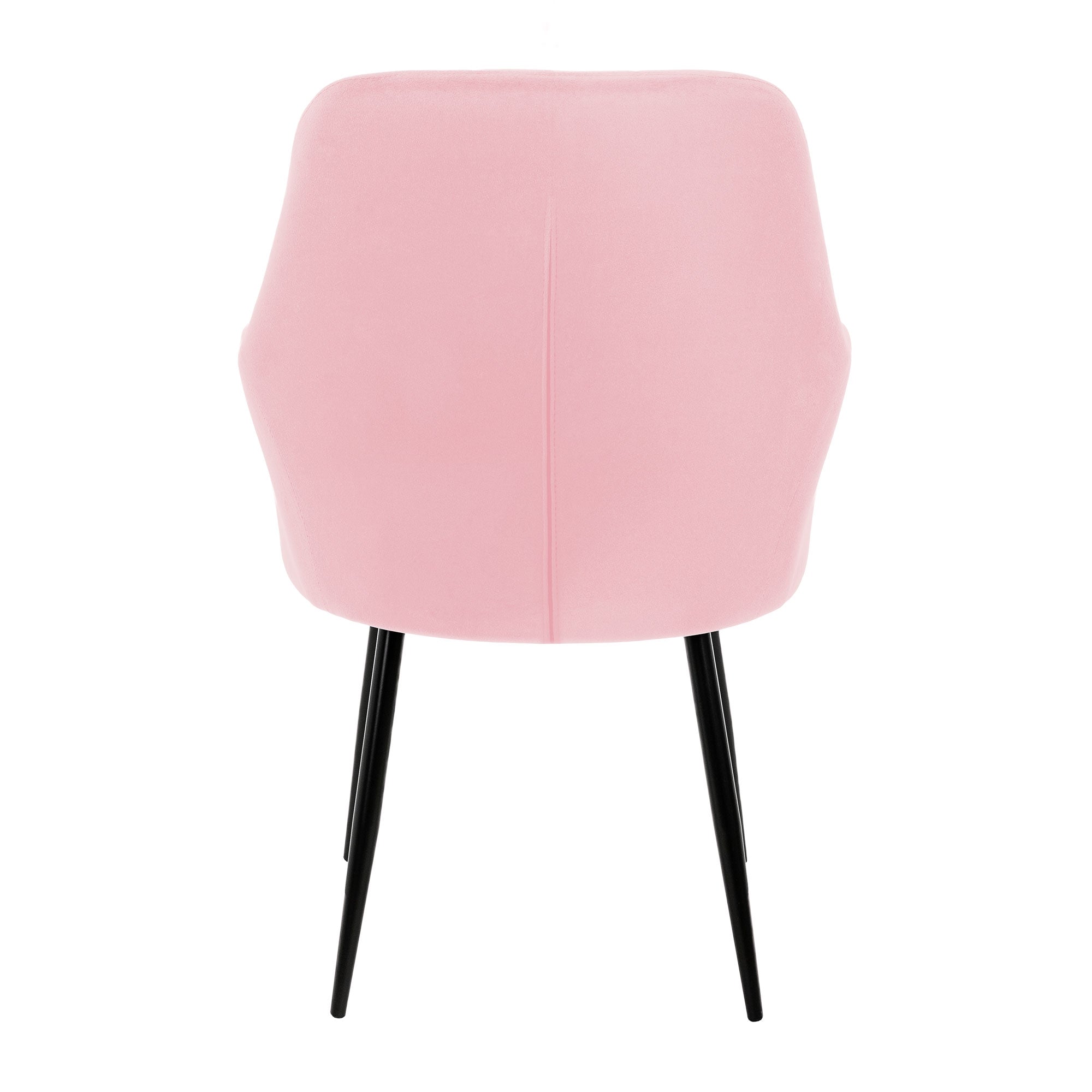 Rückansicht eines rosa Stuhls mit schwarzen Beinen.