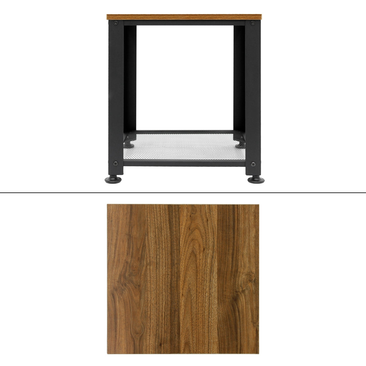 Vista lateral de una mesa cuadrada con superficie de madera y estructura negra.