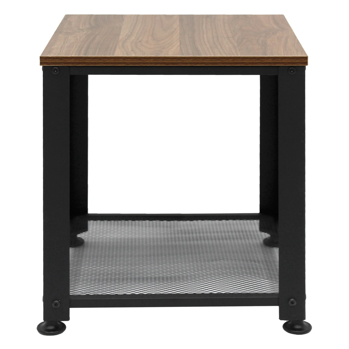 Mesa pequeña con superficie de madera y estructura de metal negro.