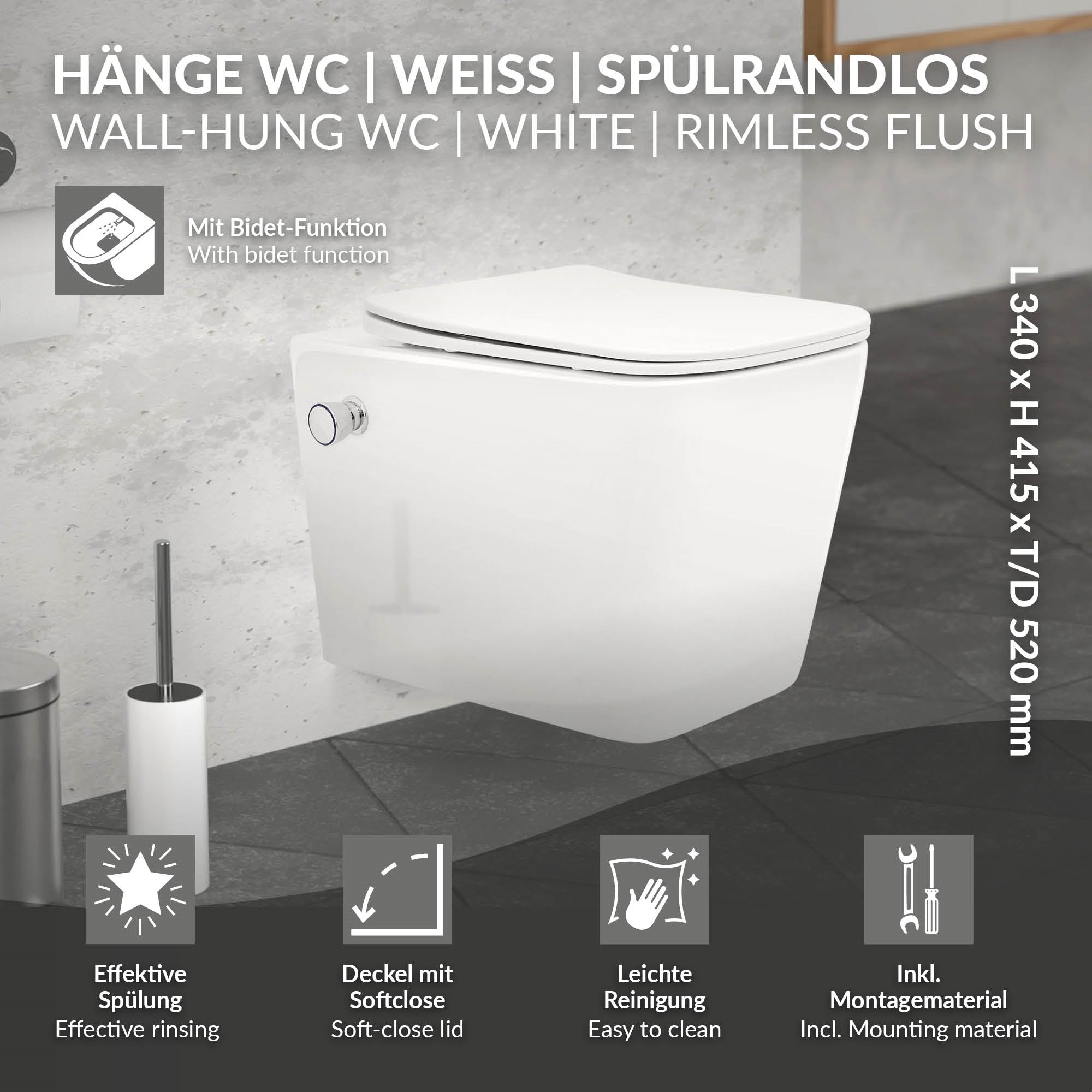 Wall-mounted toilet in white, rimless with bidet function.