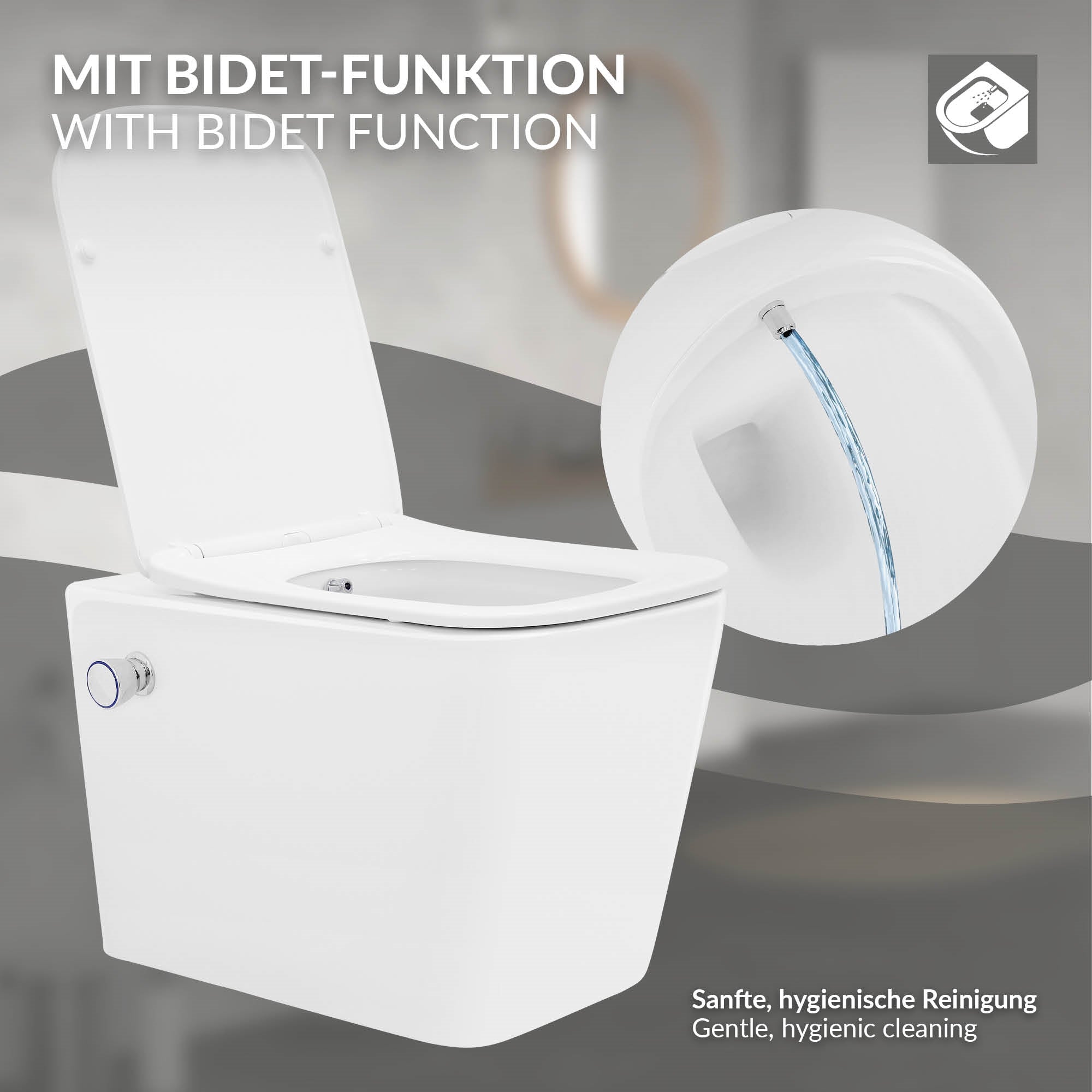 Toilet with bidet function, white design, gentle cleaning.