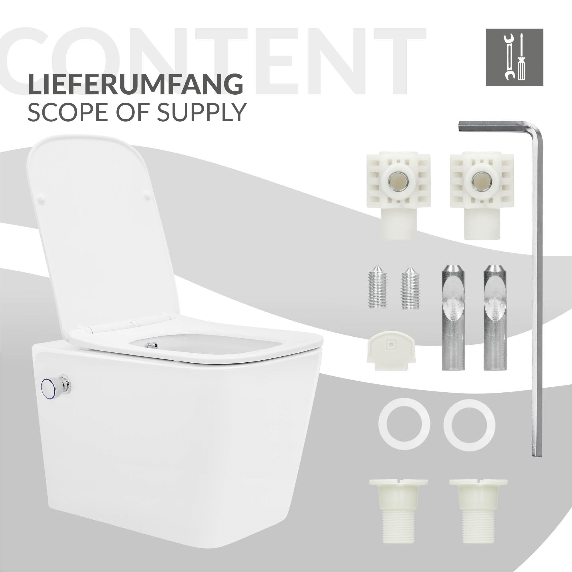 Scope of delivery for a toilet with mounting accessories and instructions.