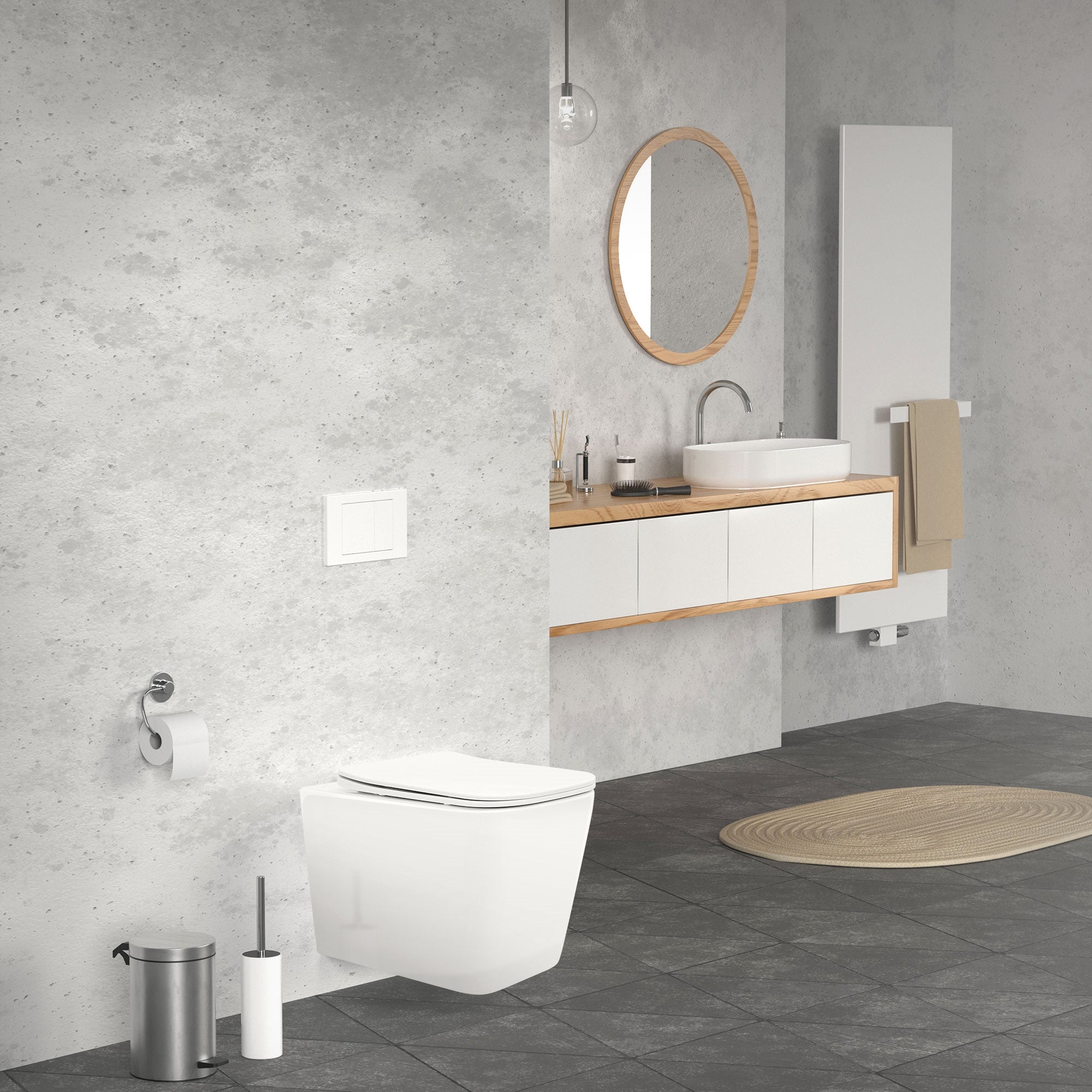 Modernes Badezimmer mit Waschbecken, Spiegel und WC.
