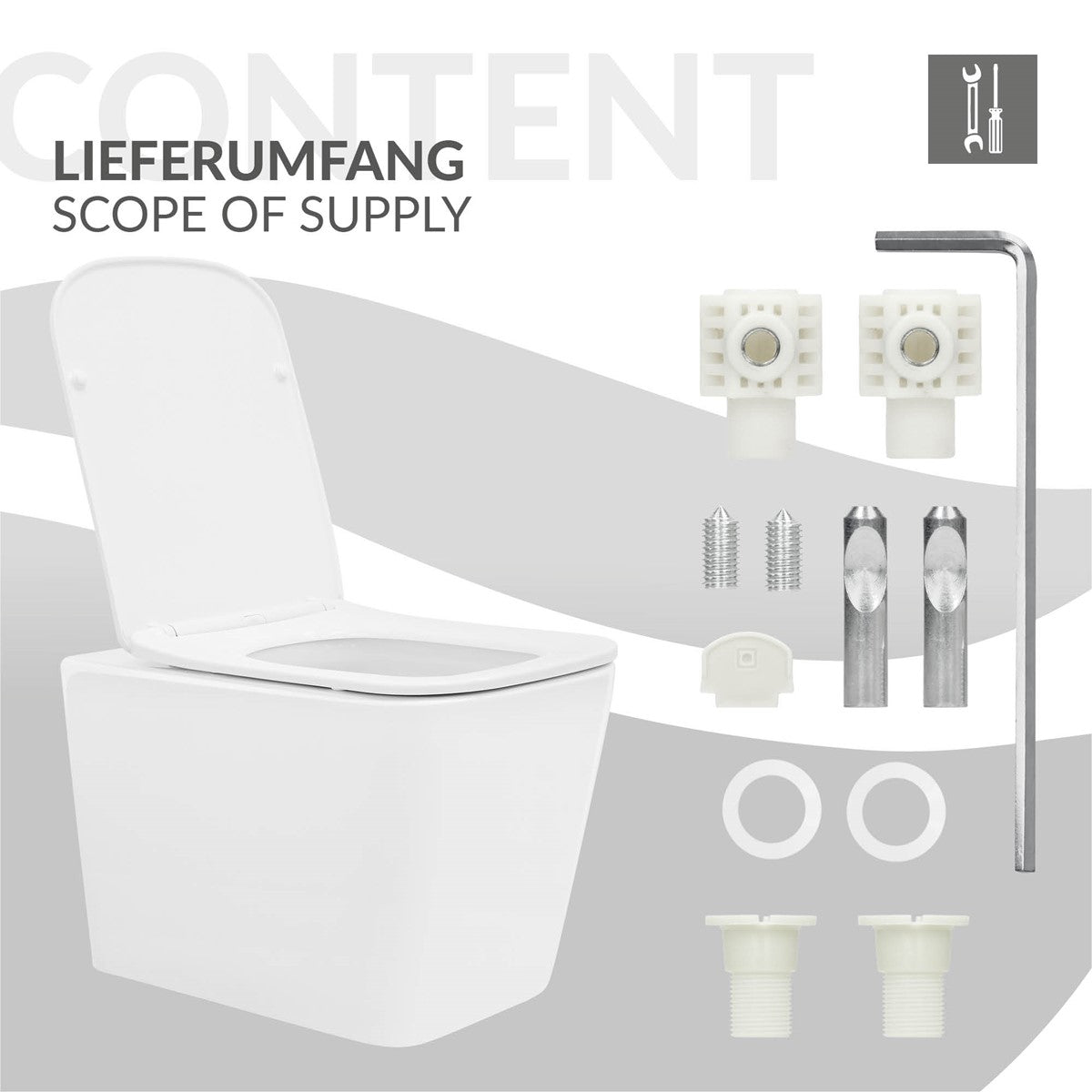An overview of the parts for a toilet, including screws and seals.