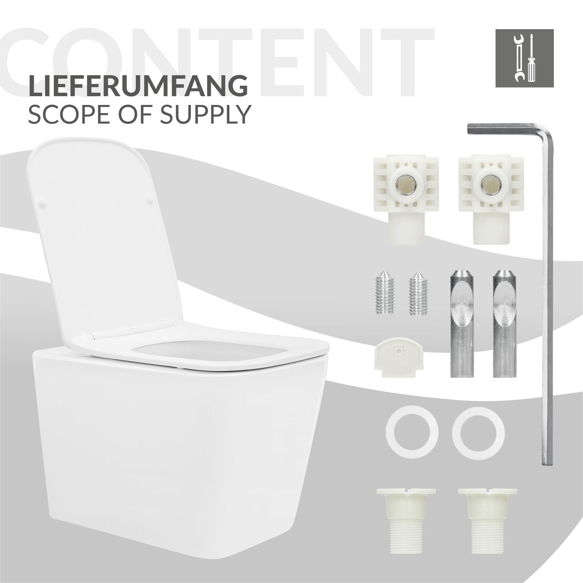 Eine Übersicht der Teile für eine Toilette, inklusive Schrauben und Dichtungen.