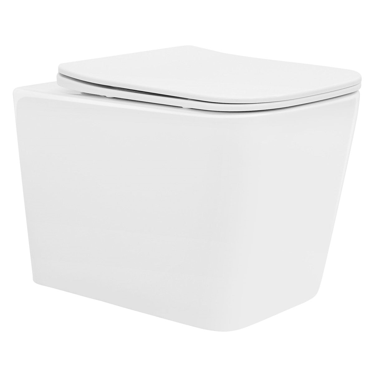 A modern white toilet with a rounded shape and closed lid.