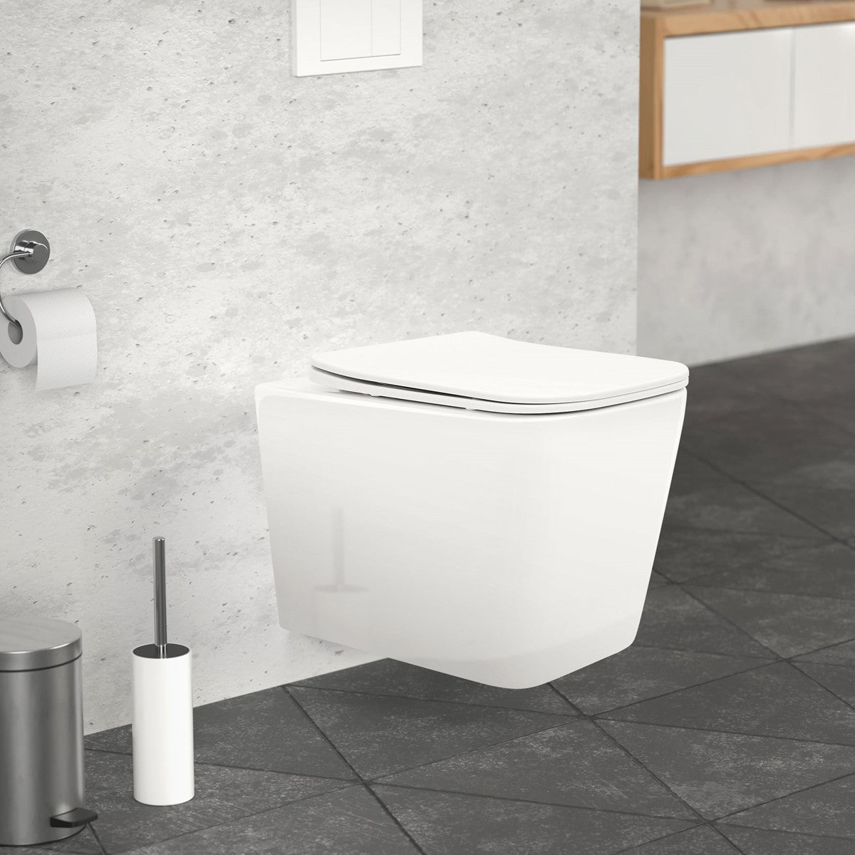 Wall-hung toilet in a modern bathroom with a grey wall.