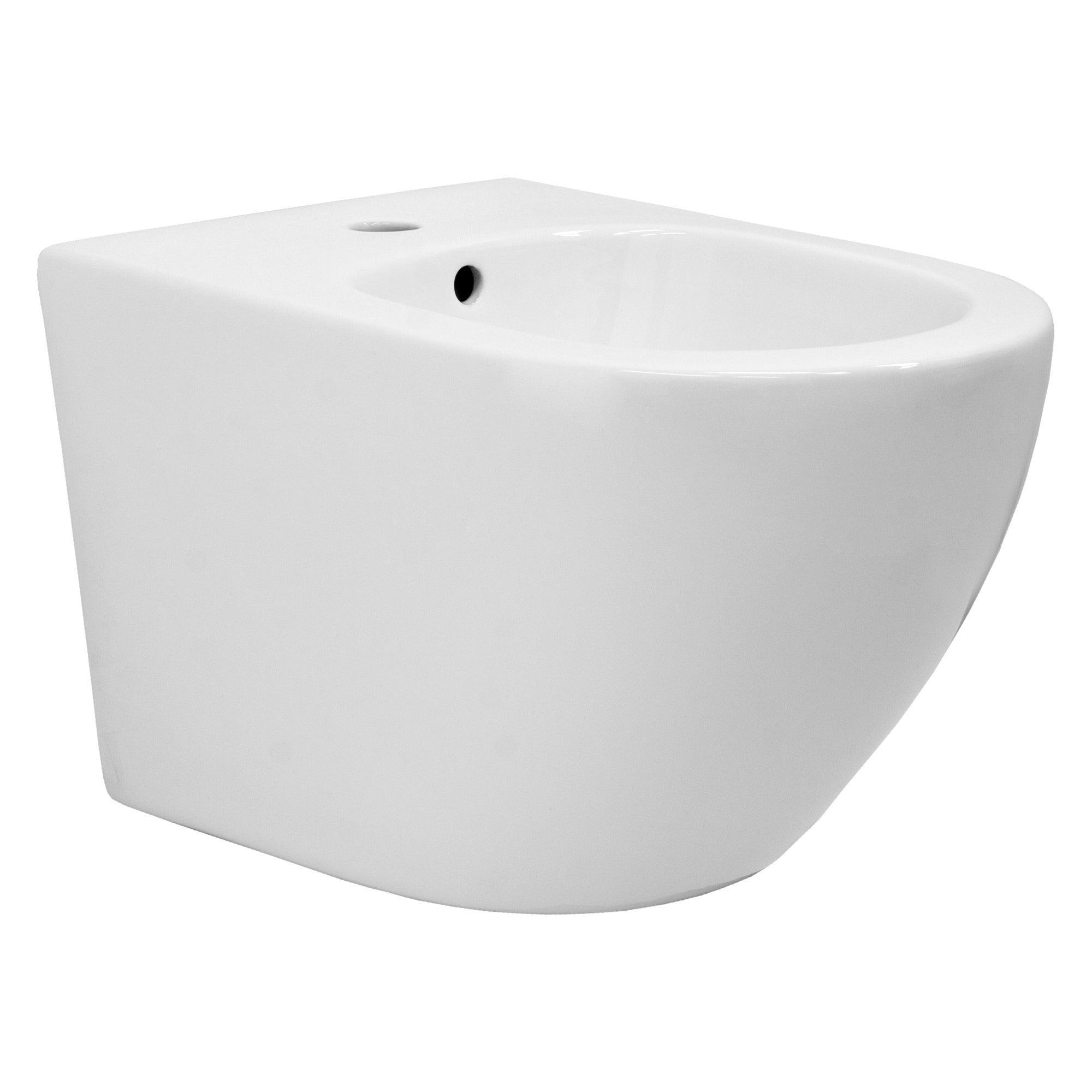 A white wall-mounted toilet without a cistern, on a white background.