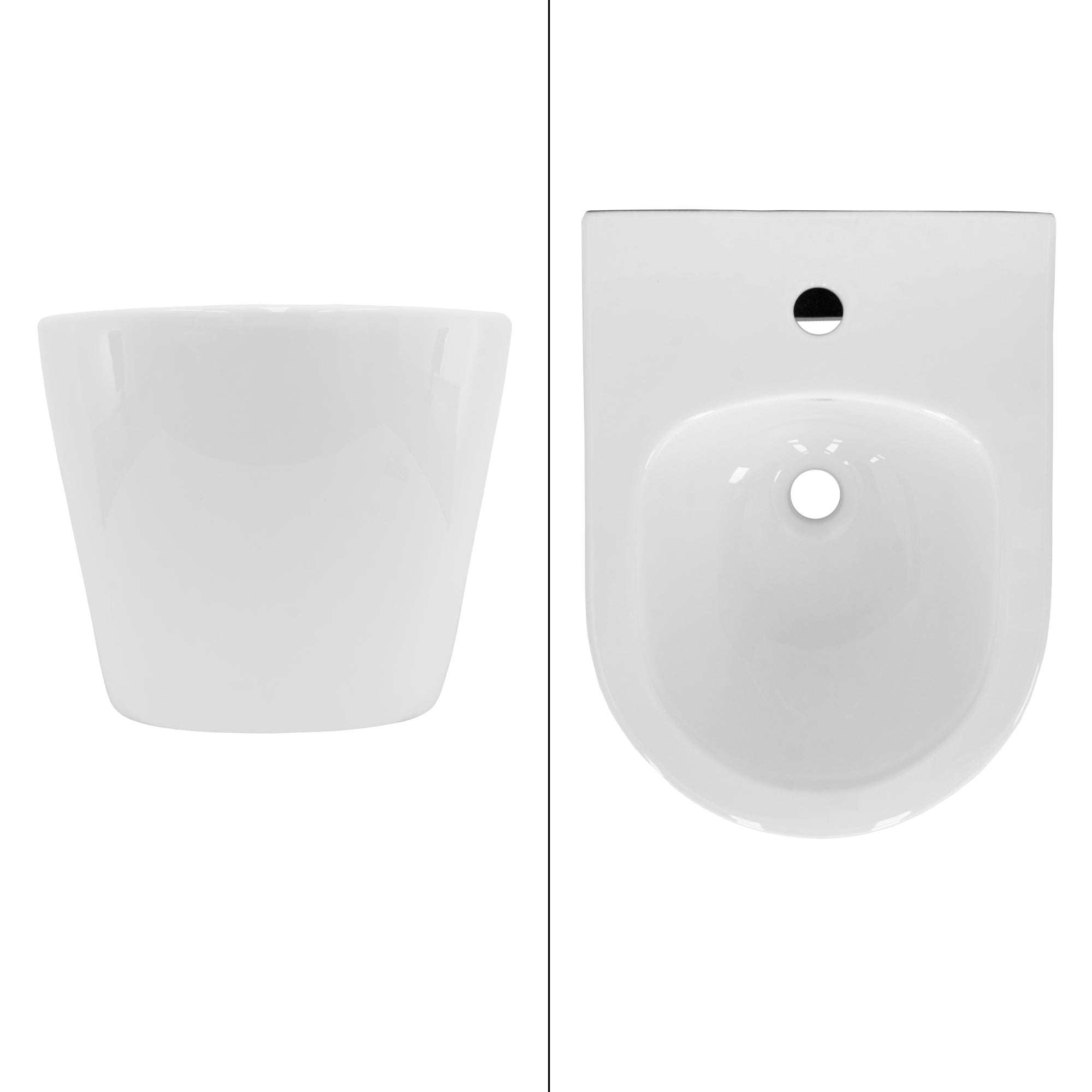 White bidet from the front and top, with drain hole.
