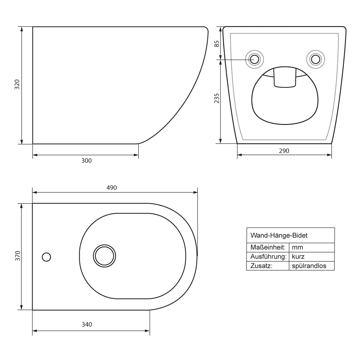 Technical drawing of a wall-mounted bidet with dimensions in mm.