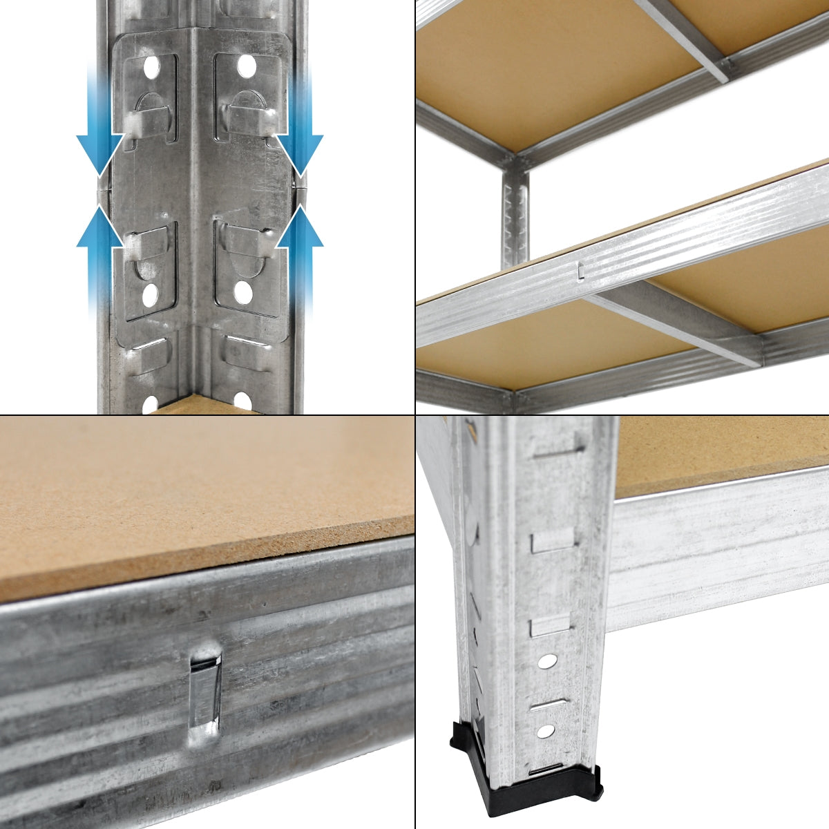 Detailaufnahme eines Regals mit Metallrahmen und Holzregalen.