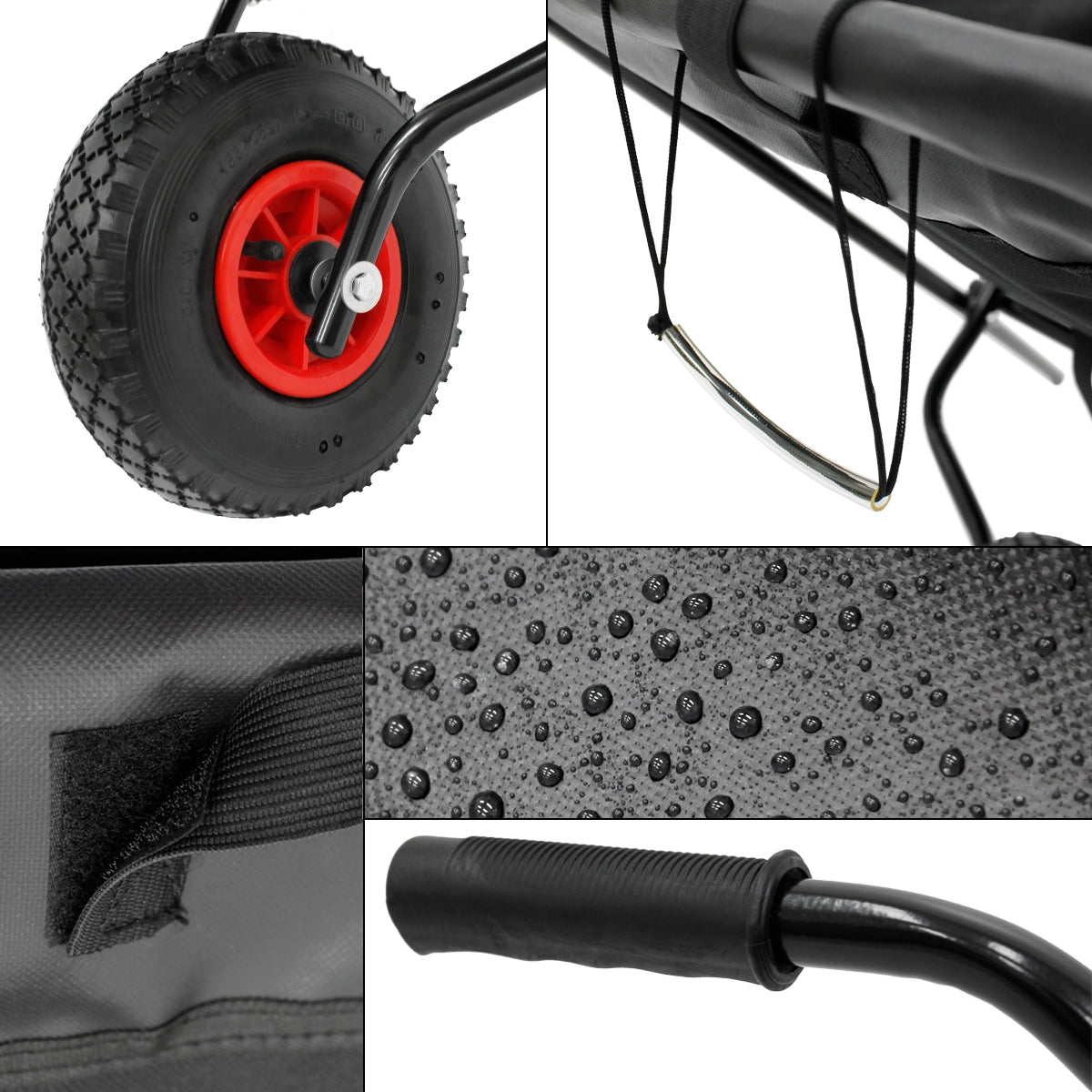 Detailansicht eines Handwagens mit Rad, Griff und wasserdichtem Material.