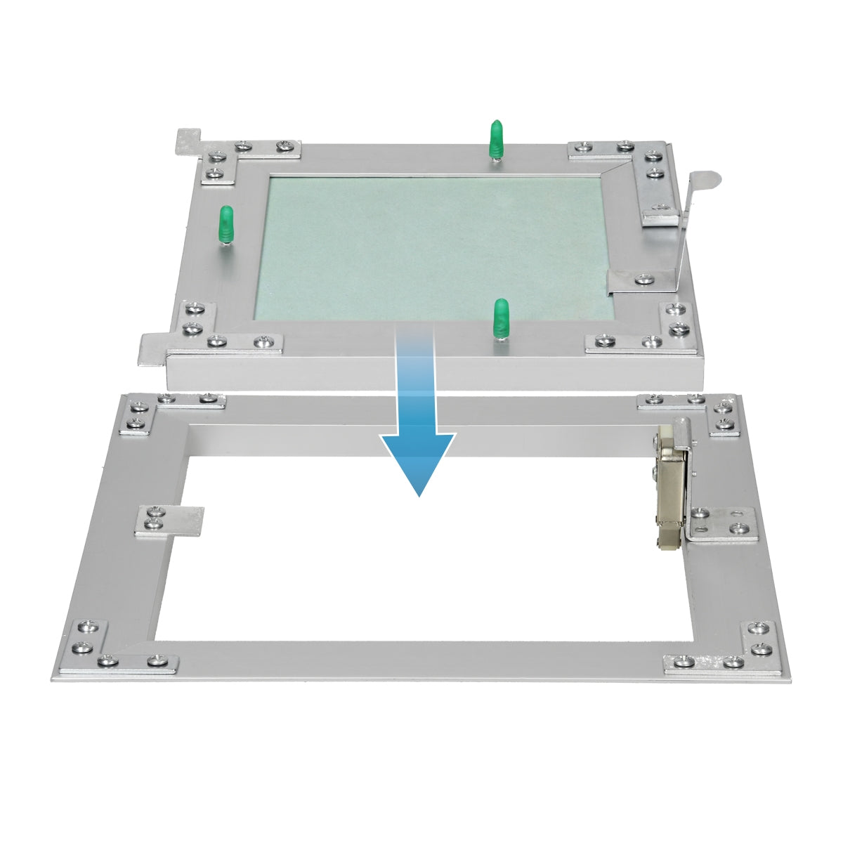 Metal frame with green rubber and an arrow pointing down.