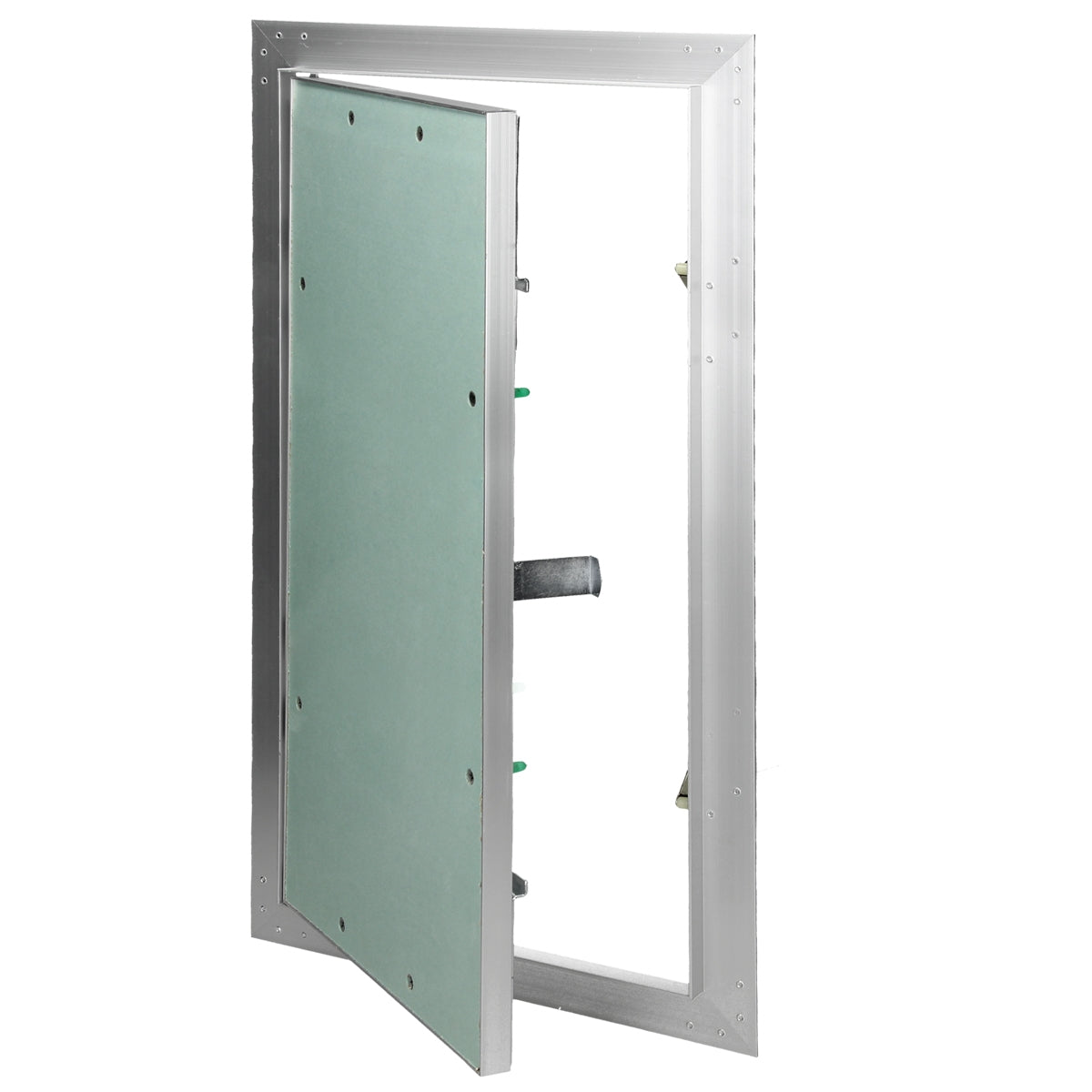 Offene Tür mit grünem Innenleben in einem Aluminiumrahmen.
