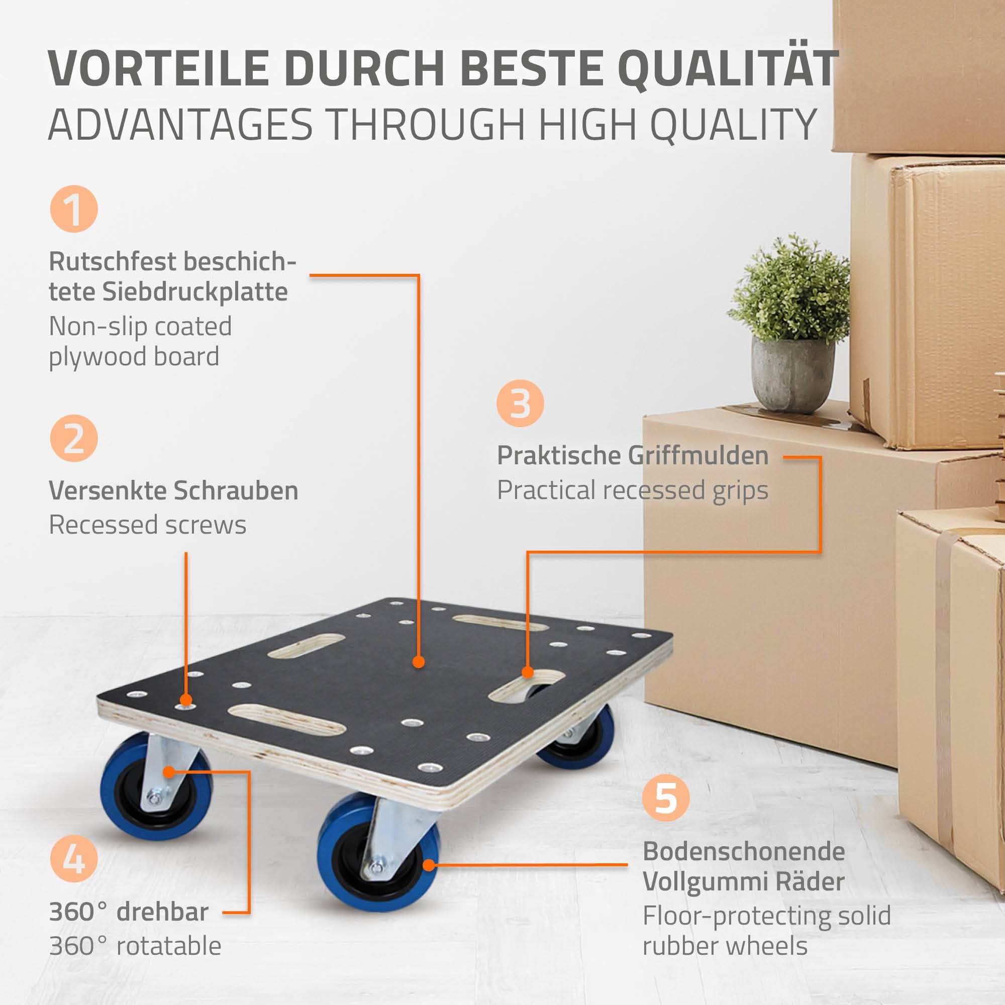 Transportwagen mit rutschfester Oberfläche und vier Rädern.