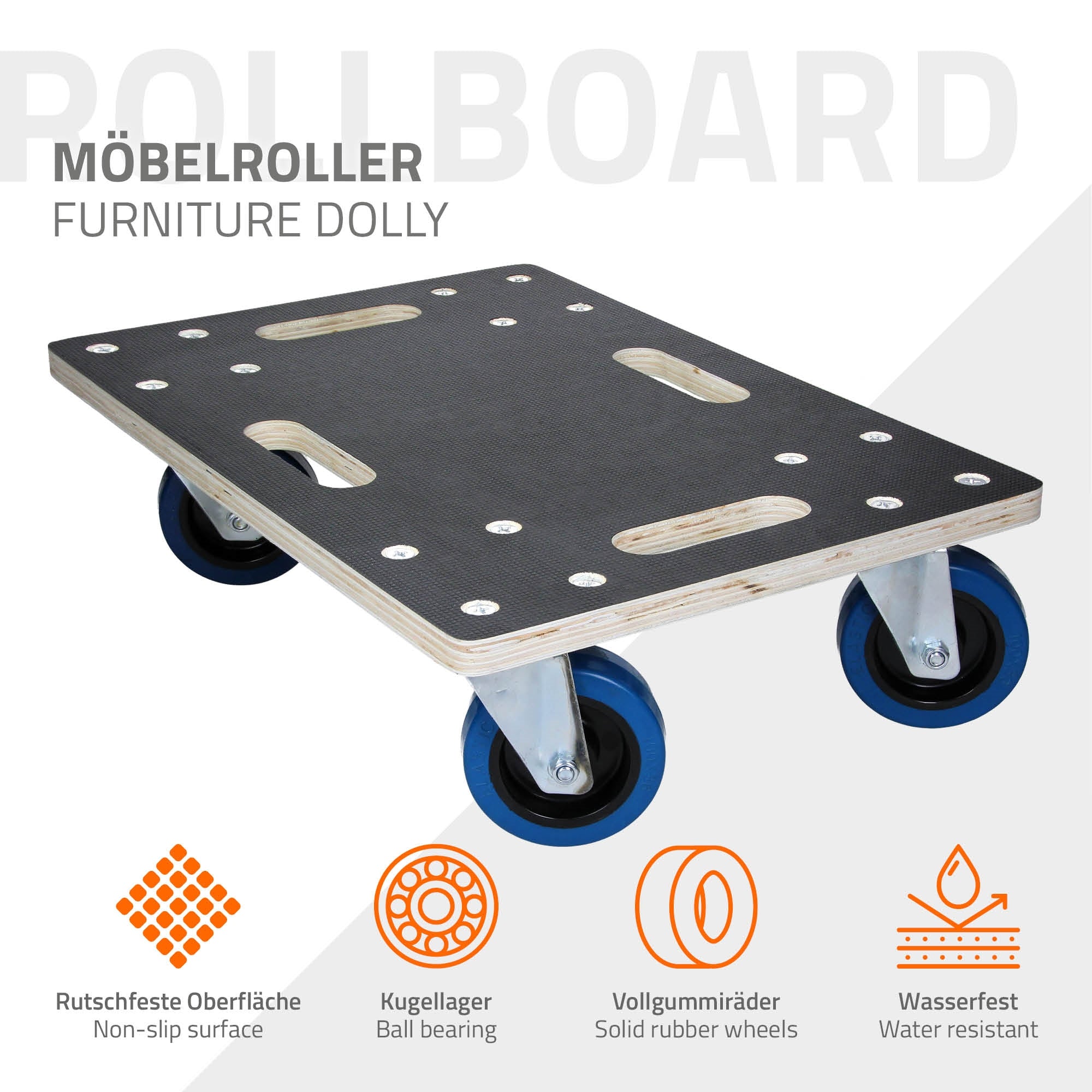 Möbelroller mit rutschfester Oberfläche und vier blauen Rädern.