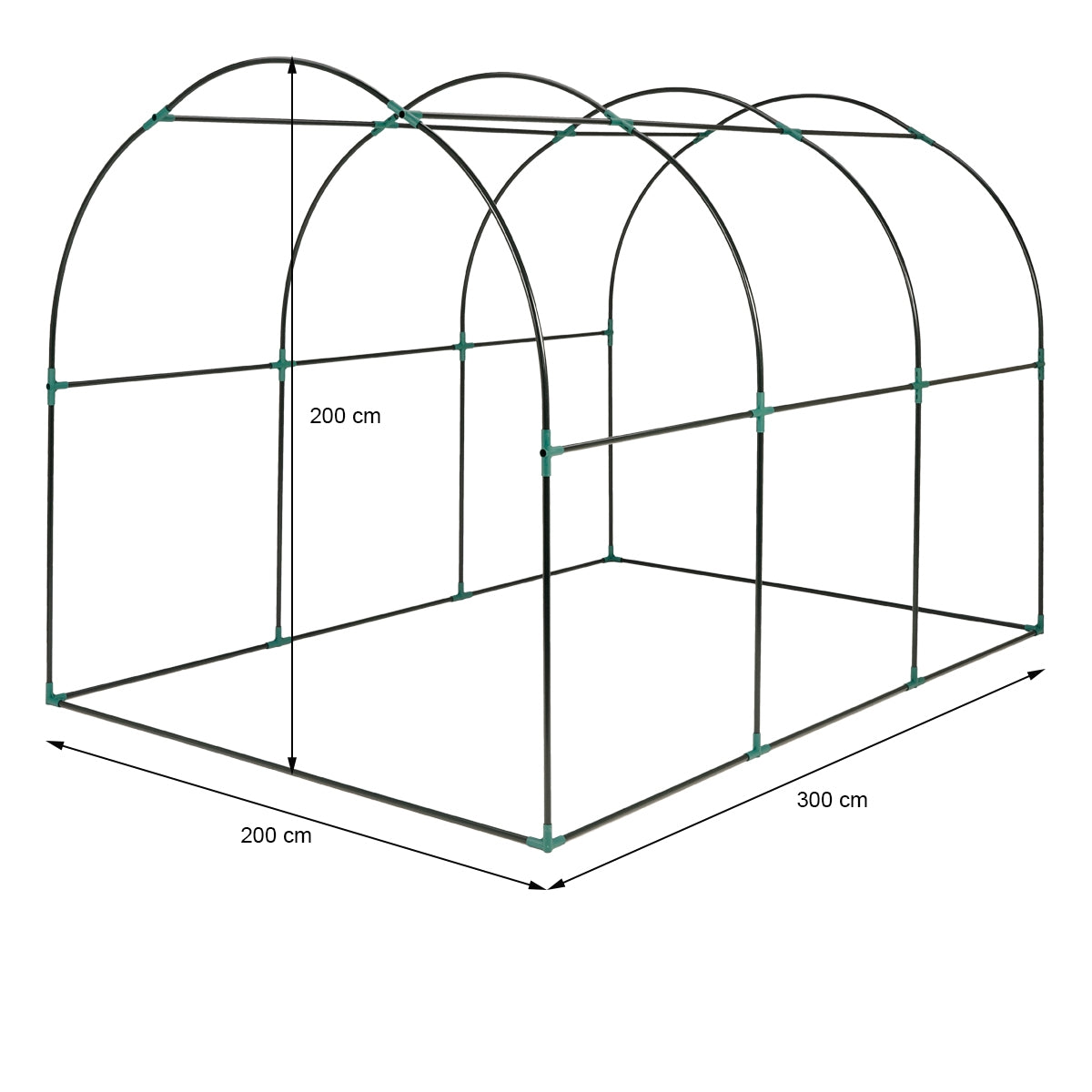 Gestell für ein Gewächshaus mit Maßen von 200 cm x 300 cm.