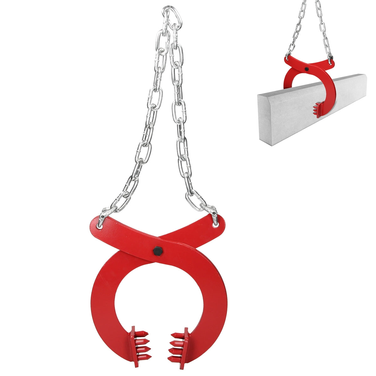 Roter Magnetheber mit Kette, der einen Betonblock hält.