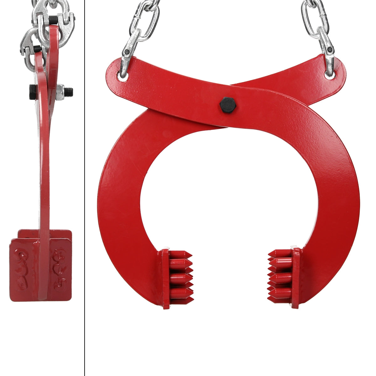 Rote, metallene Zange mit Kettenaufhängung, die zum Greifen von Objekten dient.