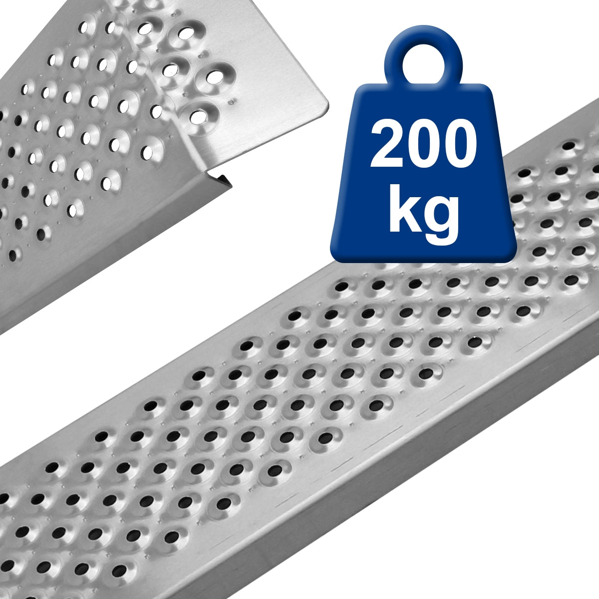 Metallplatte mit Löchern und einem Gewichtssymbol von 200 kg.