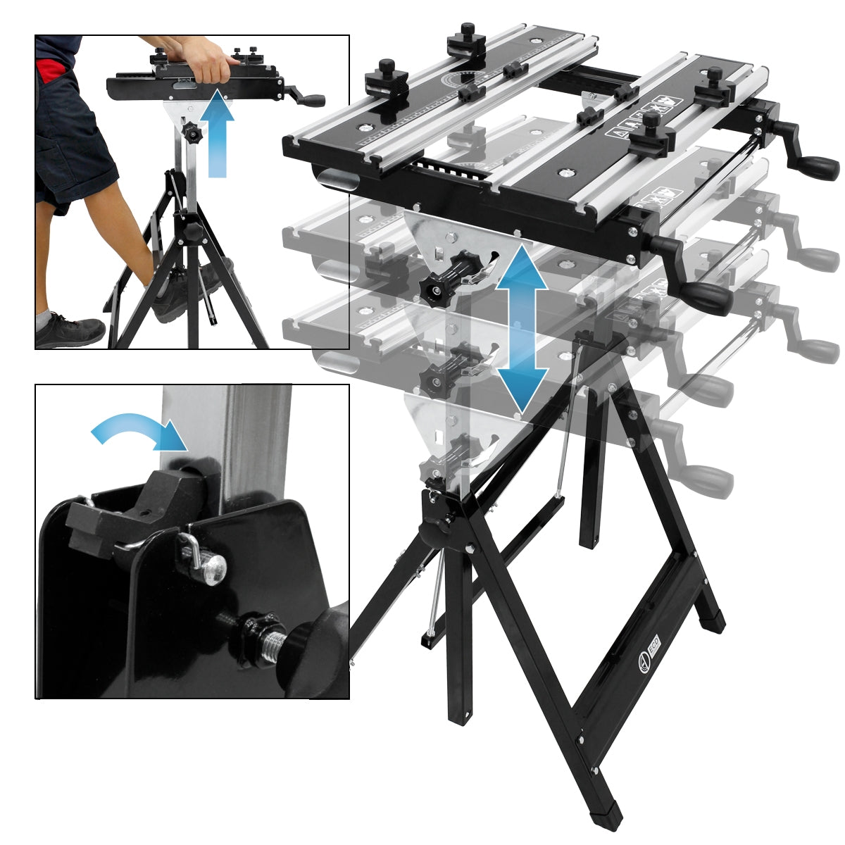 Ein verstellbarer Ständer mit mehreren Halterungen und einem Fußmechanismus.