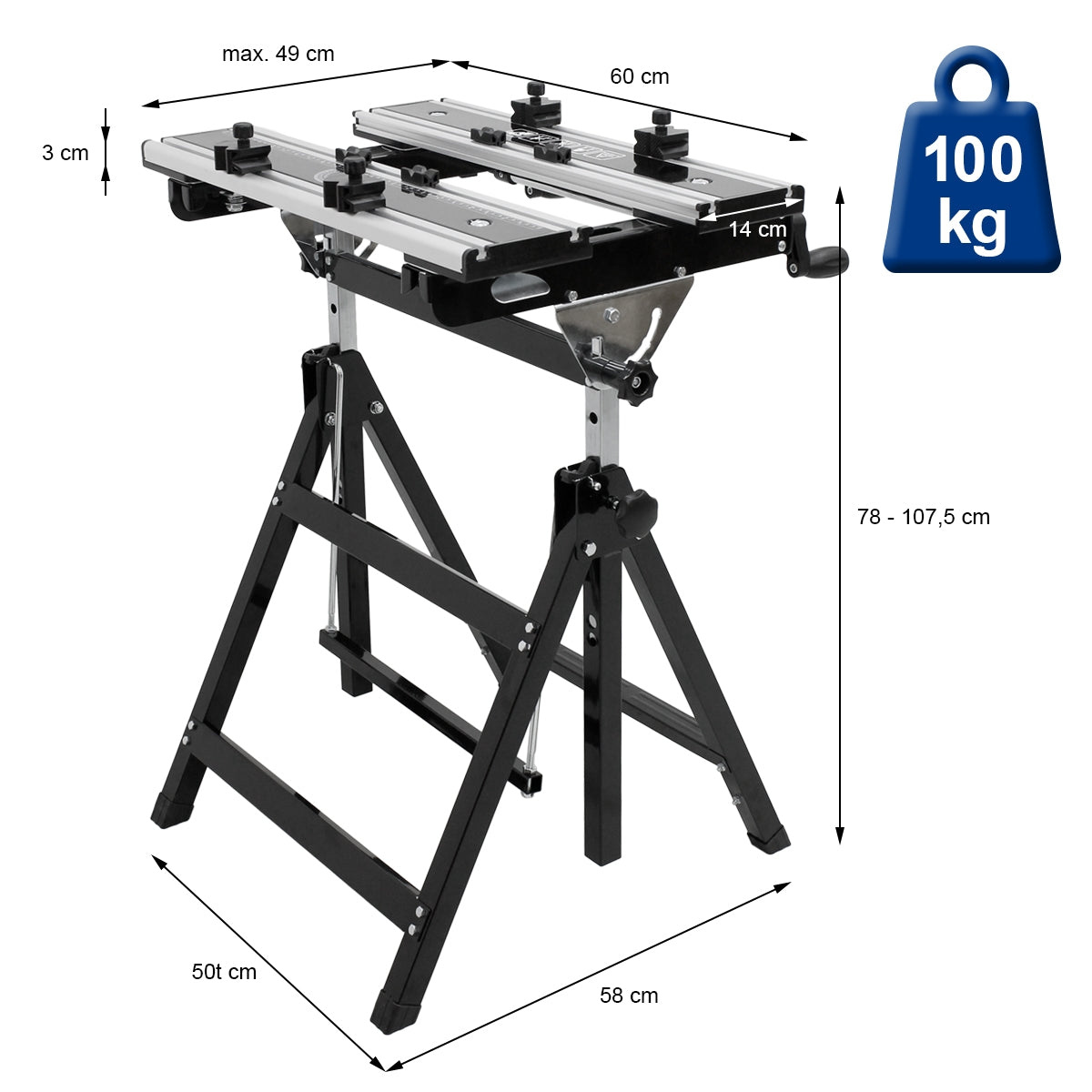 Ein höhenverstellbarer Arbeitstisch mit zwei Arbeitsflächen und einem stabilen Gestell.