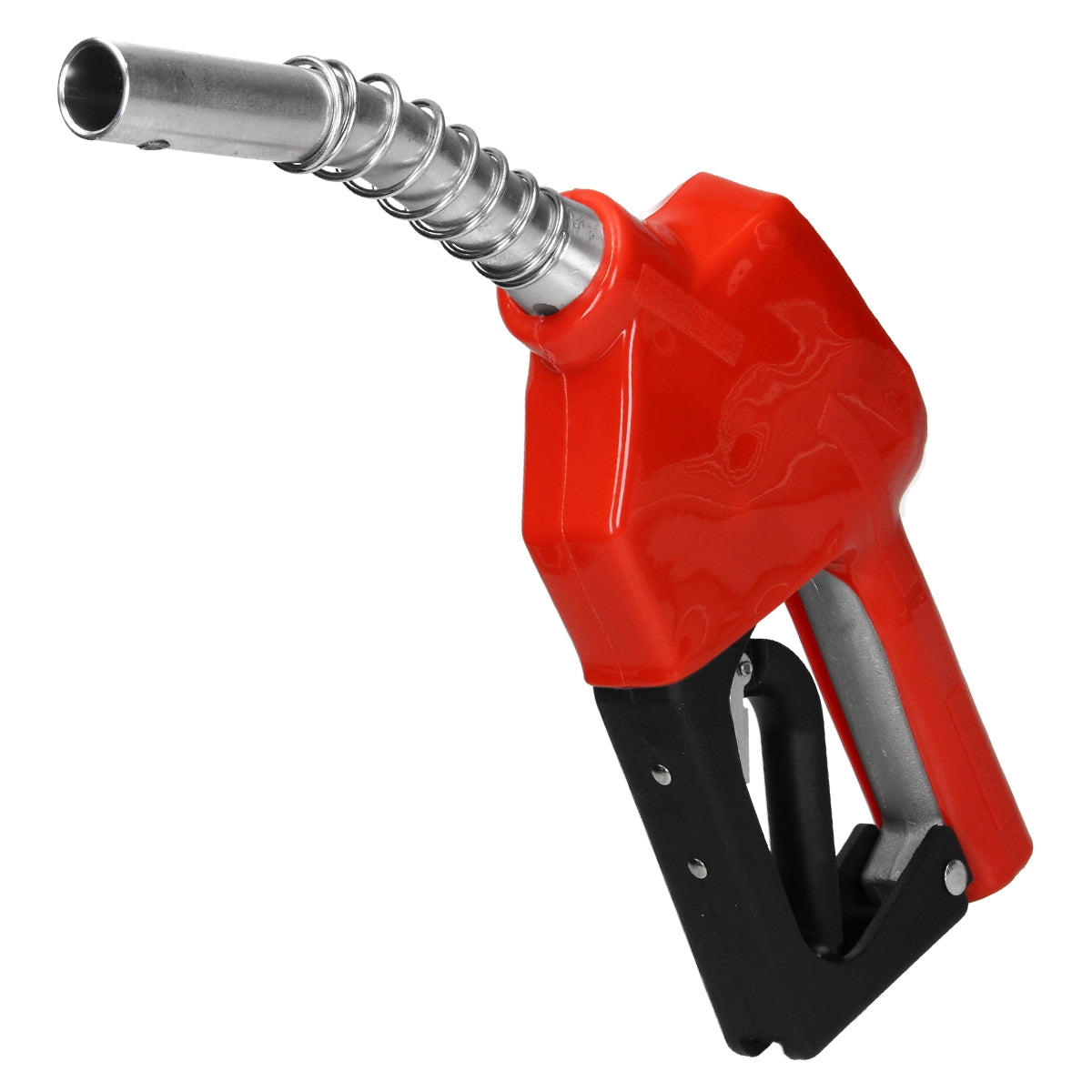 Eine rote Zapfpistole mit einem flexiblen Schlauch.