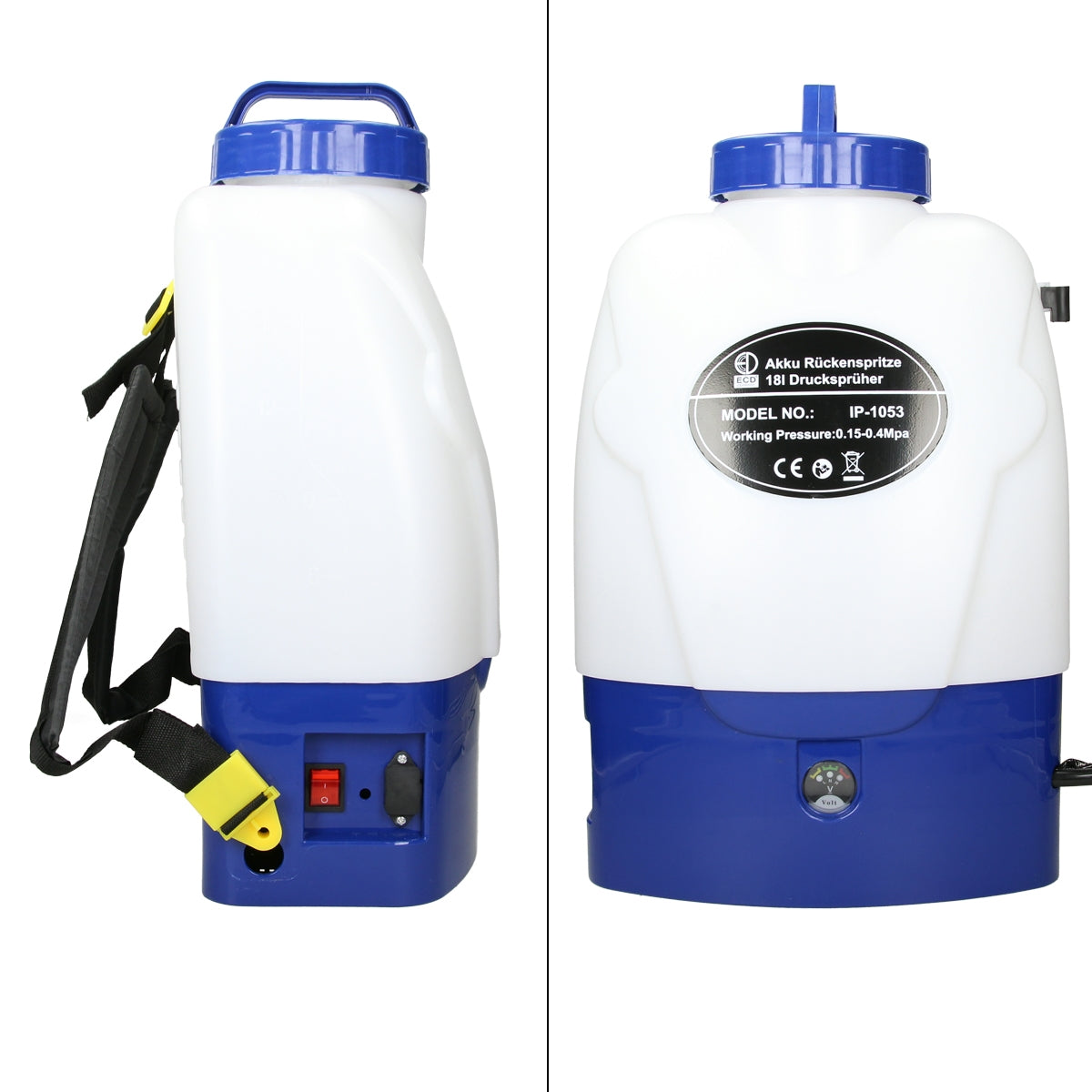 Ein blauer Drucksprüher mit einem weißen Tank und einem schwarzen Bedienfeld.