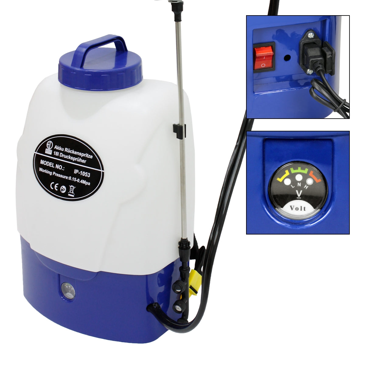 Ein elektrischer Sprühgerät mit einem blauen Tank und einem Bedienfeld.