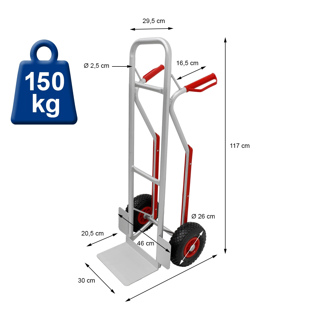 Ein Handwagen mit Maßen und einer Tragkraft von 150 kg, abgebildet mit Maßangaben.
