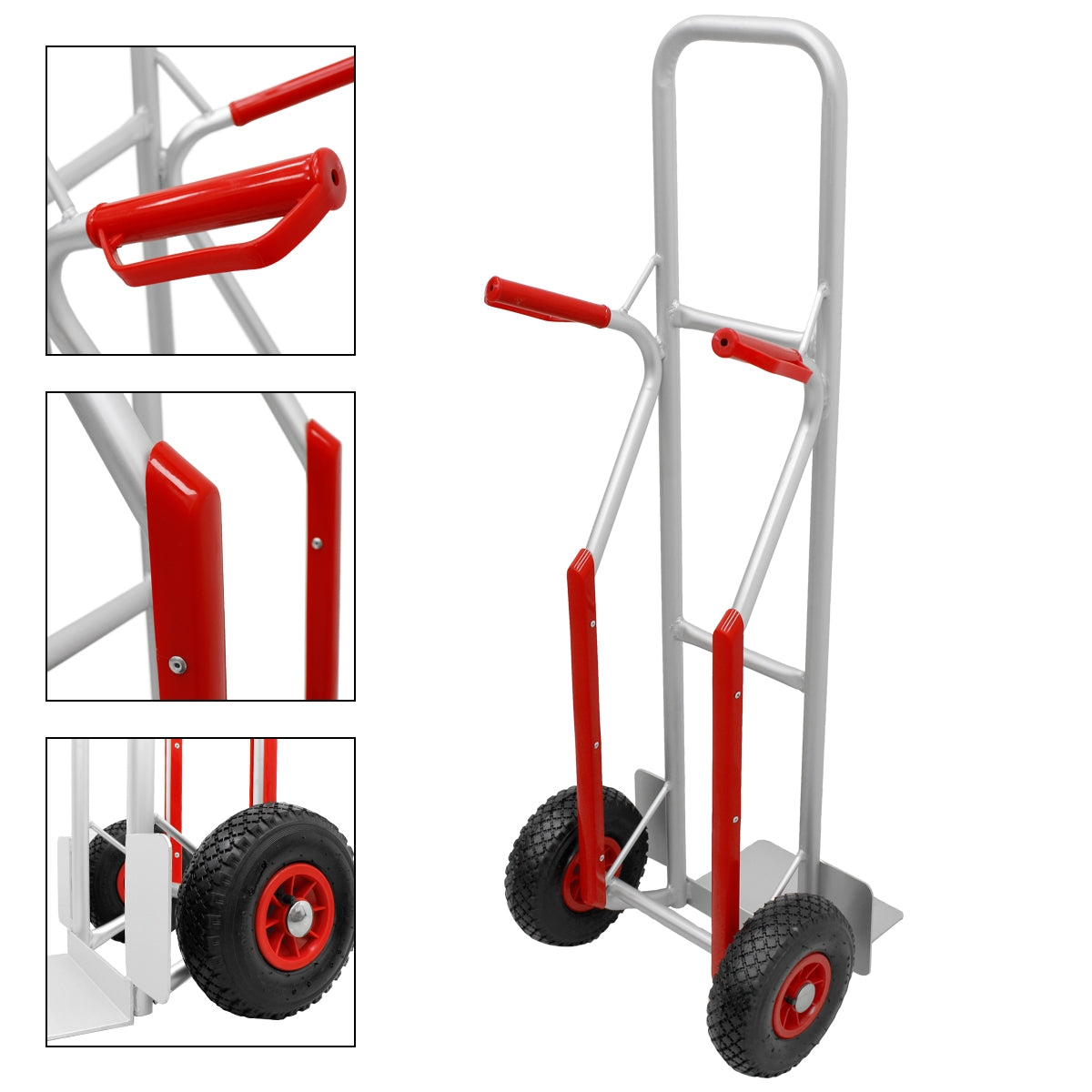 Ein roter Handwagen mit zwei Rädern und einem stabilen Griff.