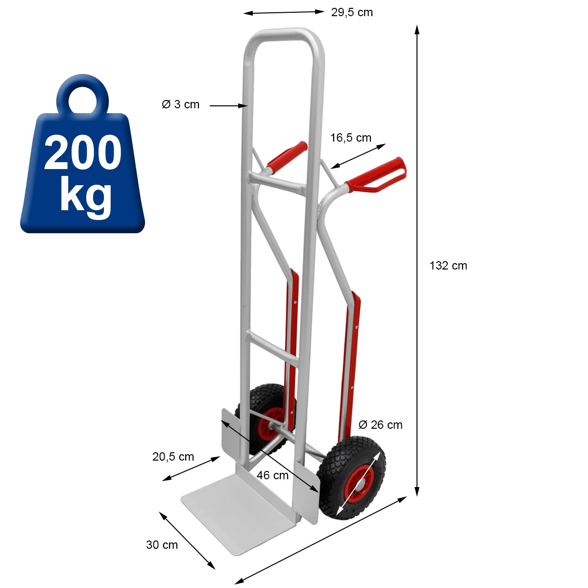 Handwagen mit zwei Rädern, Tragkraft 200 kg, Maße und Details sind angegeben.