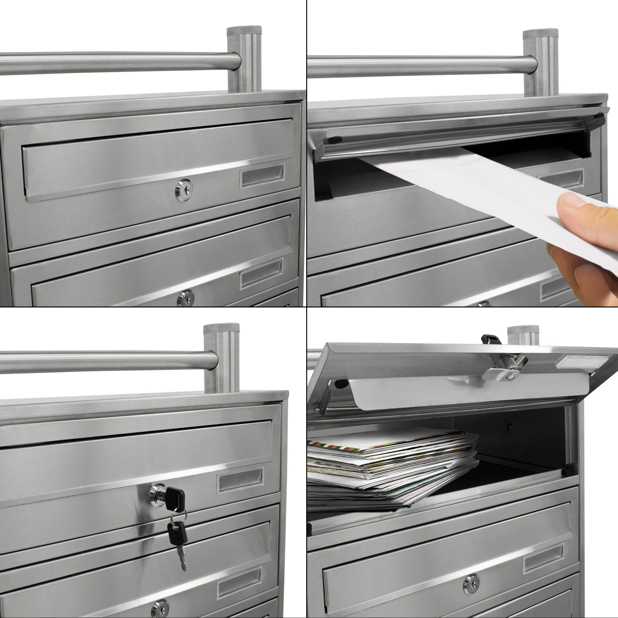 Verschiedene Ansichten eines silbernen Briefkastens mit geöffneter Klappe.