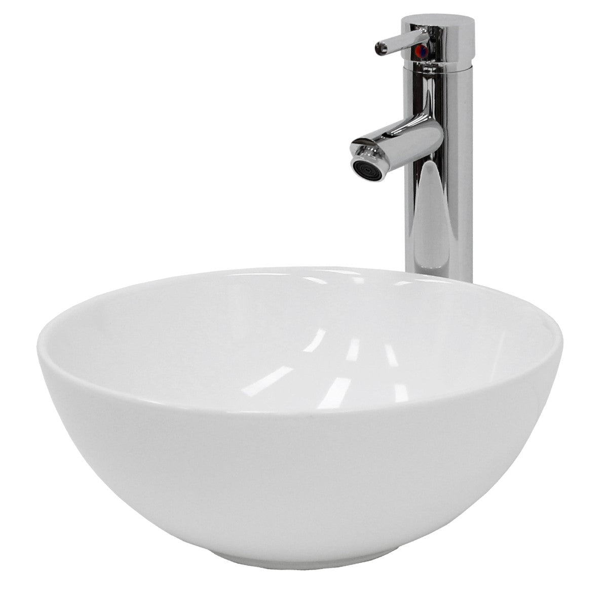 Rundes, weißes Waschbecken auf einem modernen, hohen Wasserhahn.