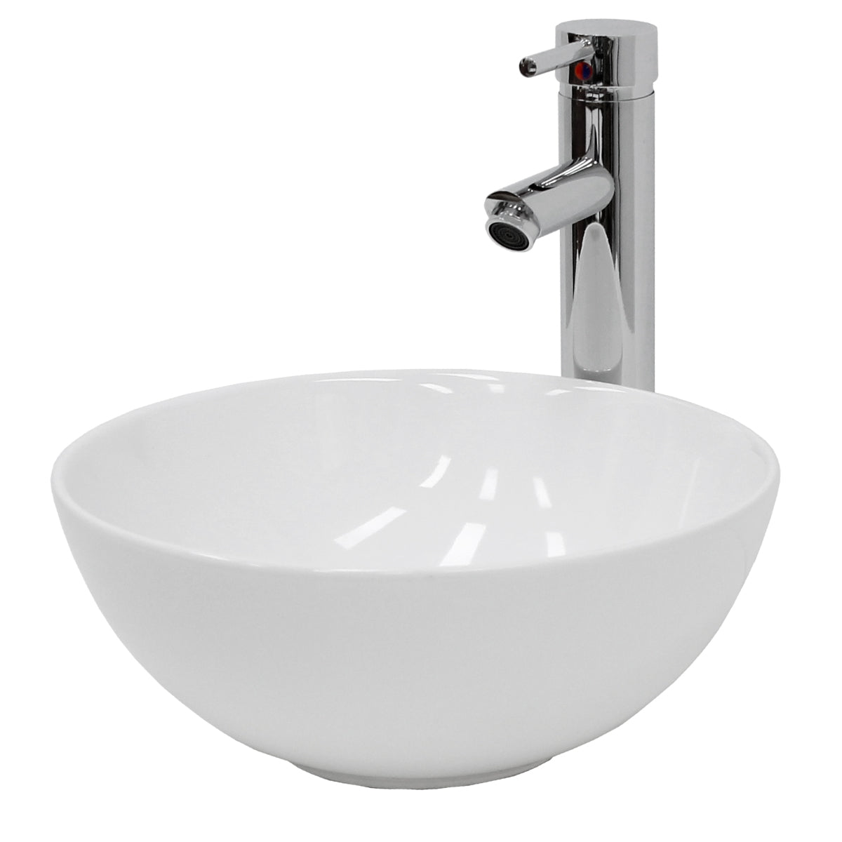 Lavabo rond blanc sur un robinet moderne et haut.