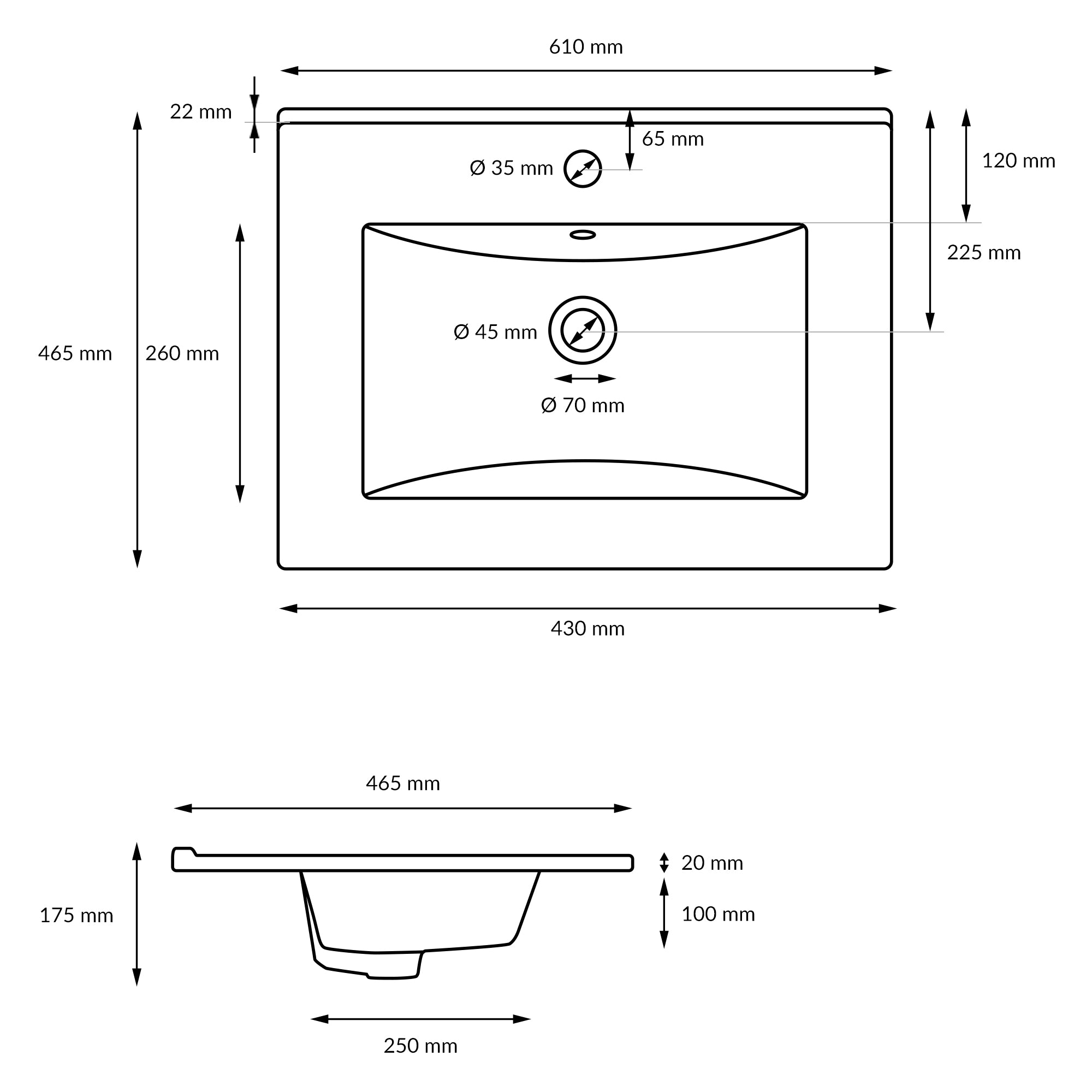 Dessin technique d'un lavabo avec dimensions.