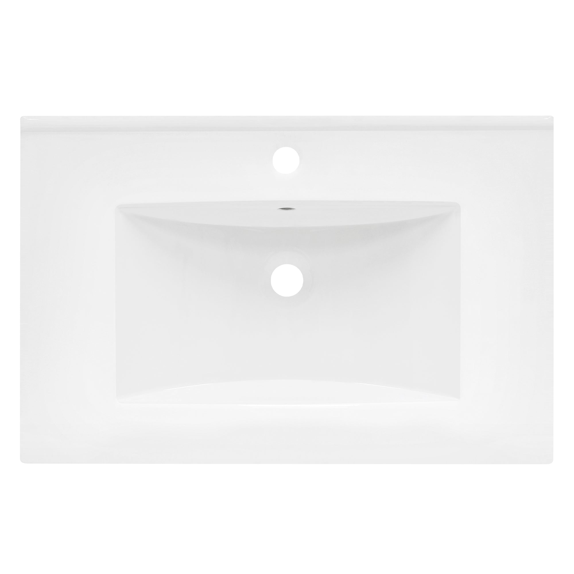 Frontal view of a white sink with a central faucet hole.