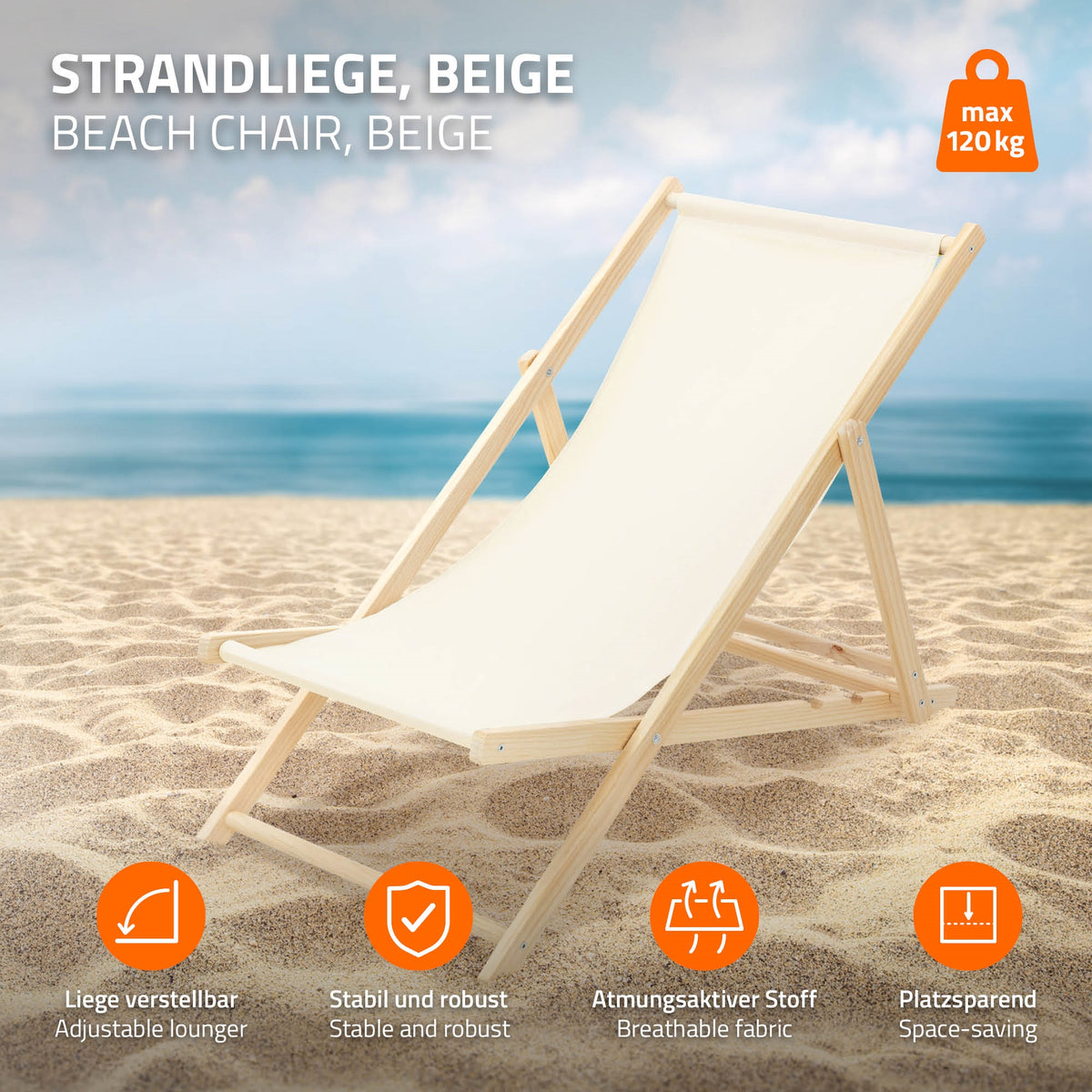 Beige strandligge på sand, justerbar, stabil og pladsbesparende.