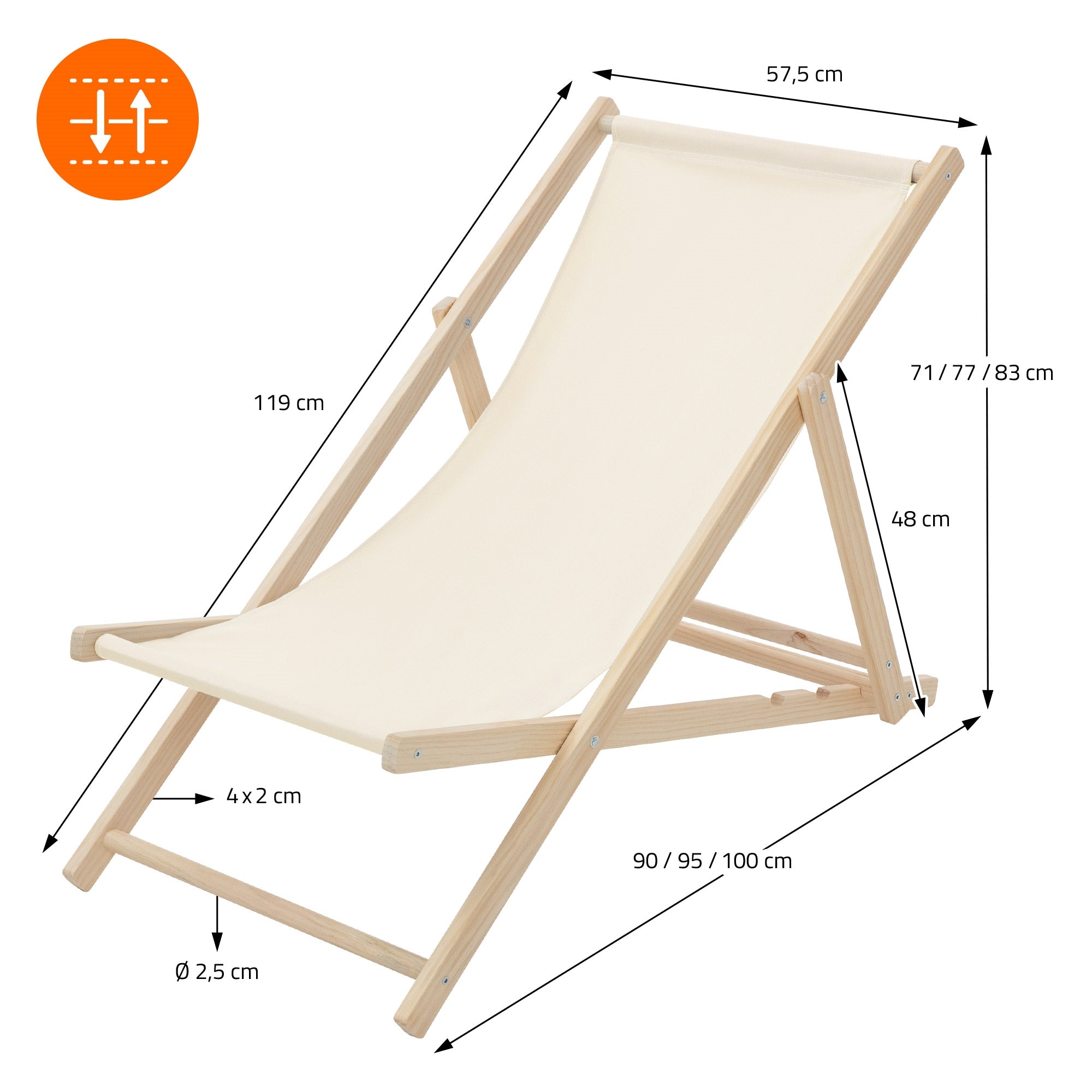 Lounge-stol i træ med beige stofbetræk, mål og materialebeskrivelse.