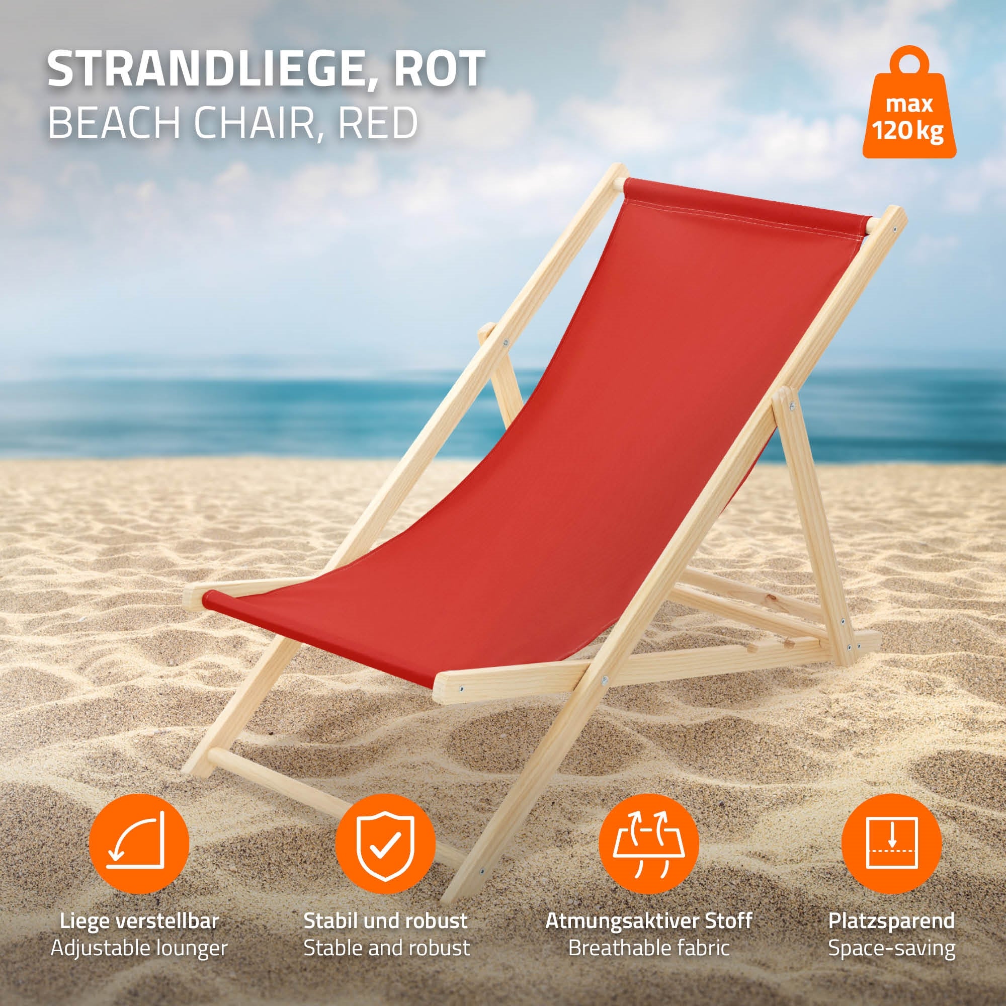 Roter Liegestuhl auf einem Sandstrand mit Informationen zu Eigenschaften.