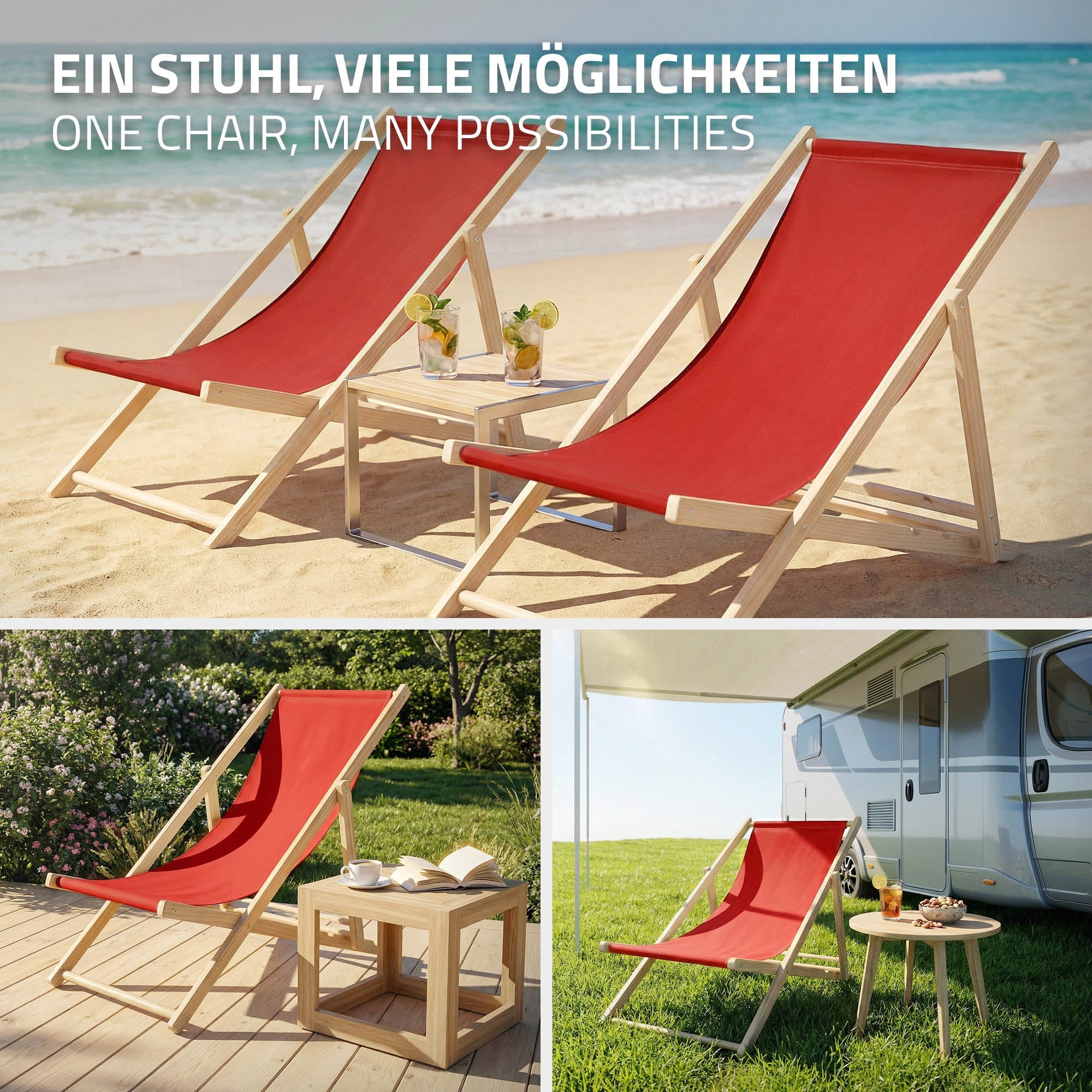 Zwei Liegestühle stehen am Strand, einer rot, einer grau, mit einem Tisch dazwischen.