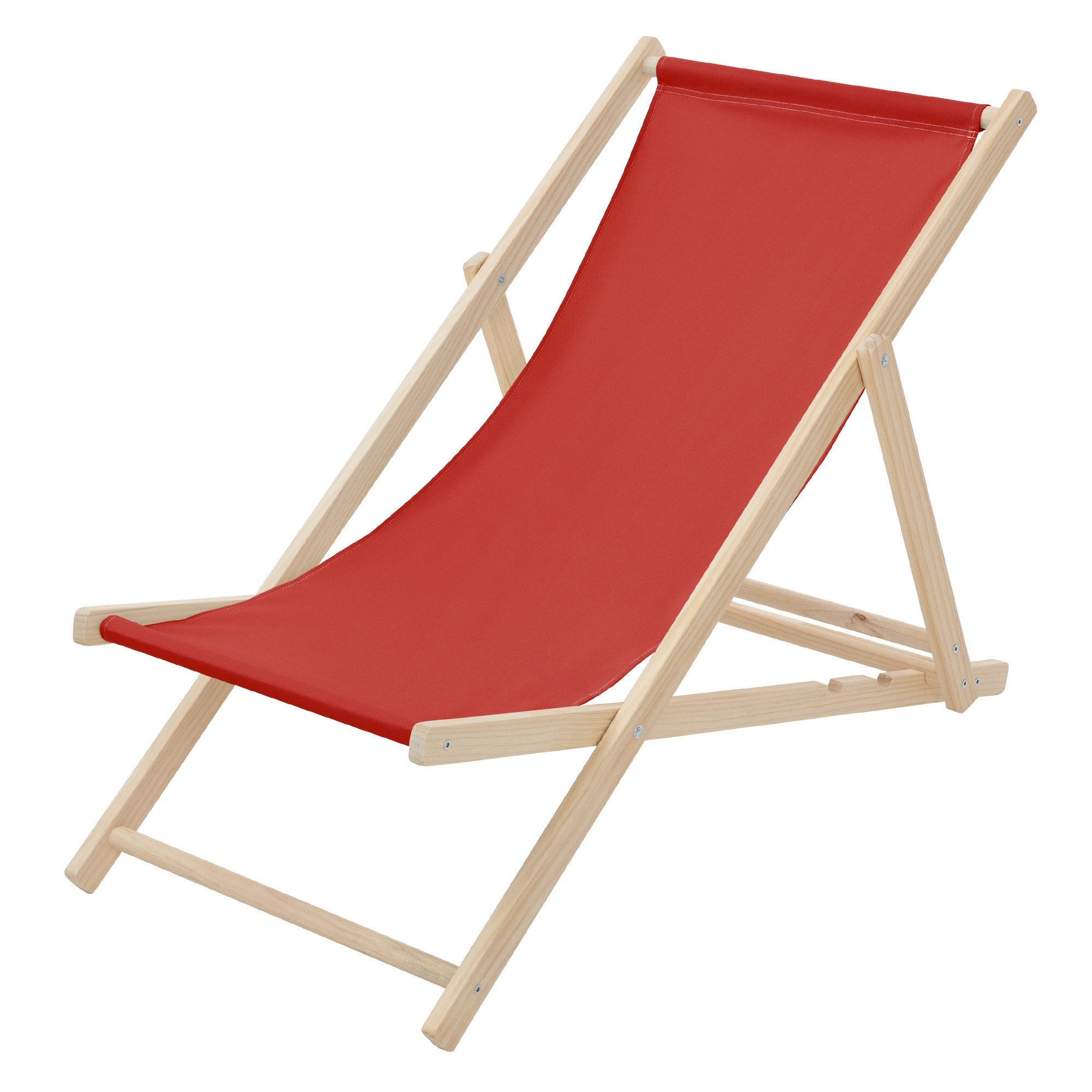 Ein roter Liegestuhl steht auf einem Holzdeck.