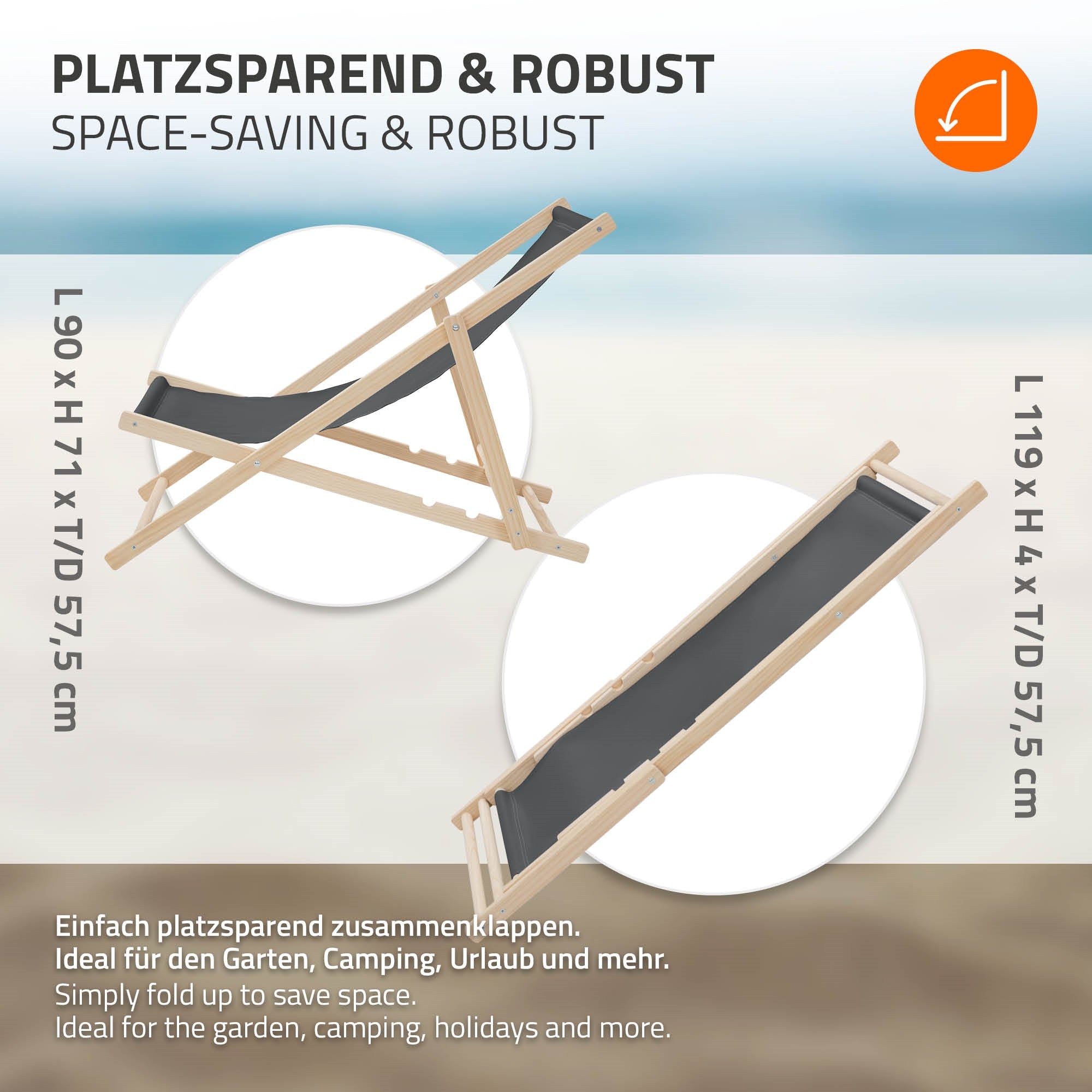 Zwei zusammenklappbare Liegestühle in verschiedenen Größen am Strand.