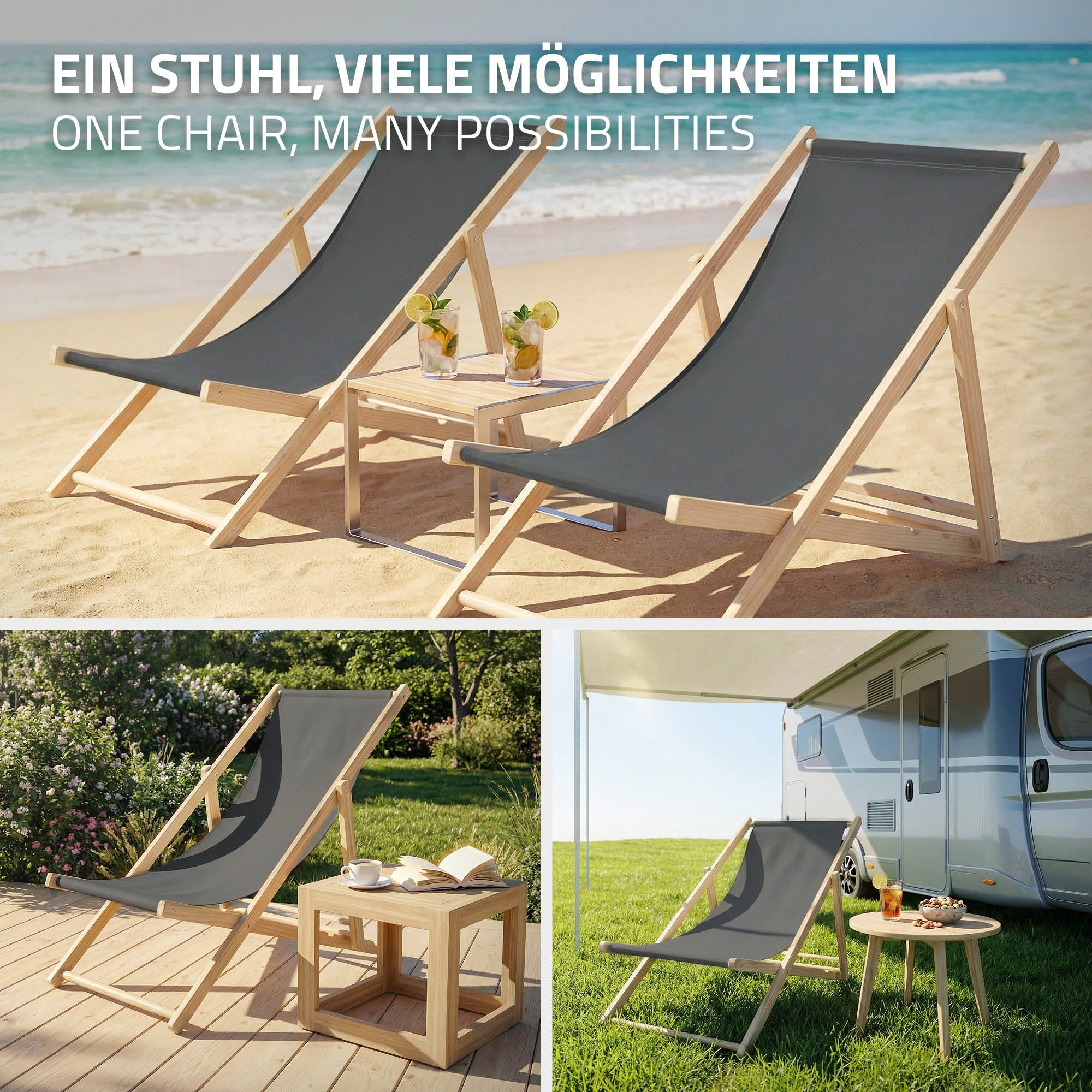 Zwei Liegestühle stehen am Strand, einer grau, einer rot, mit einem Tisch dazwischen.