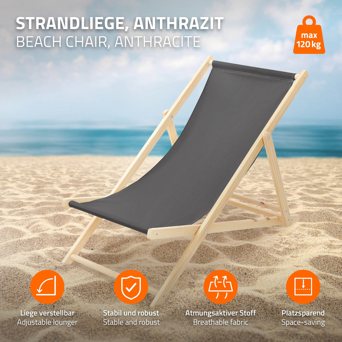 Chaise longue grise sur une plage de sable avec des informations sur les caractéristiques.