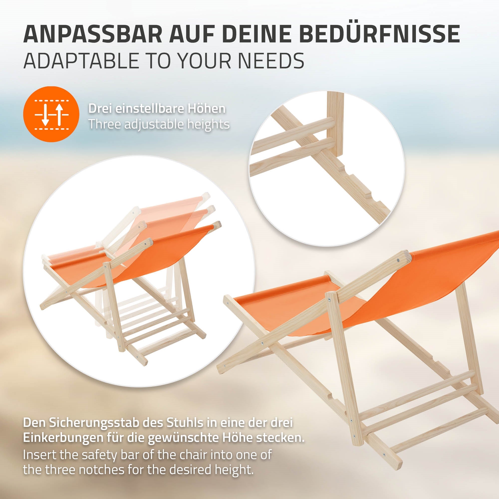 Faltstuhl mit orangefarbenem Stoff und verstellbaren Höhen in einem hellen Raum.