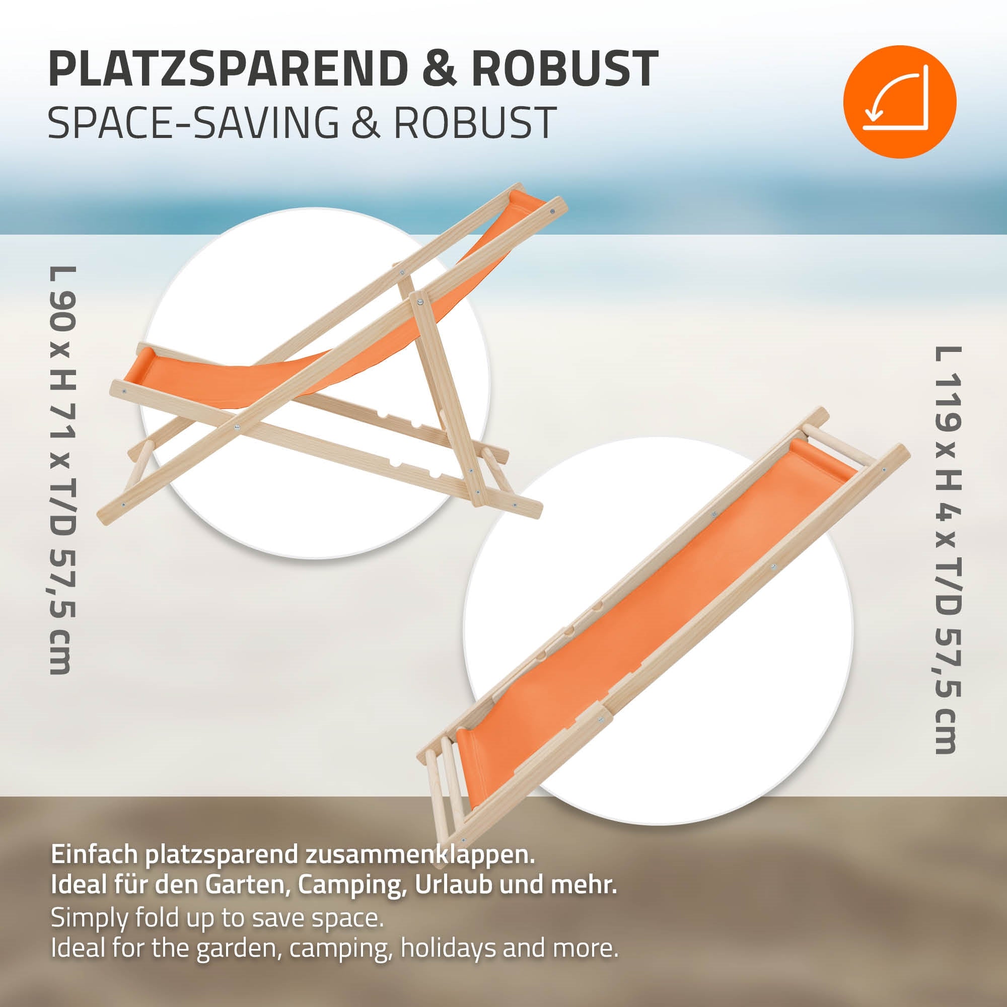 Klappstuhl in orange und Holz, ideal für Garten und Camping.