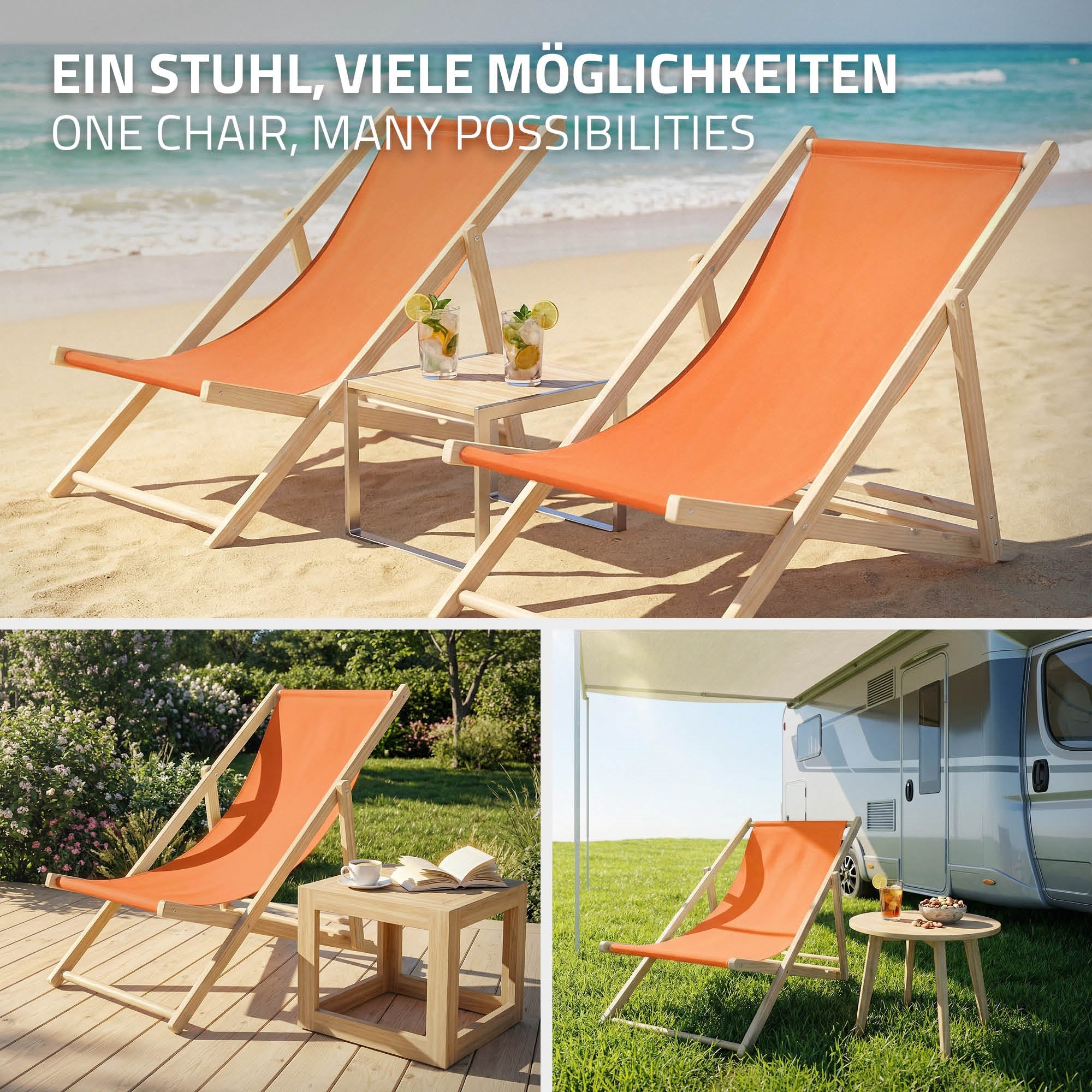 Drei verschiedene Ansichten eines orangefarbenen Liegestuhls am Strand.