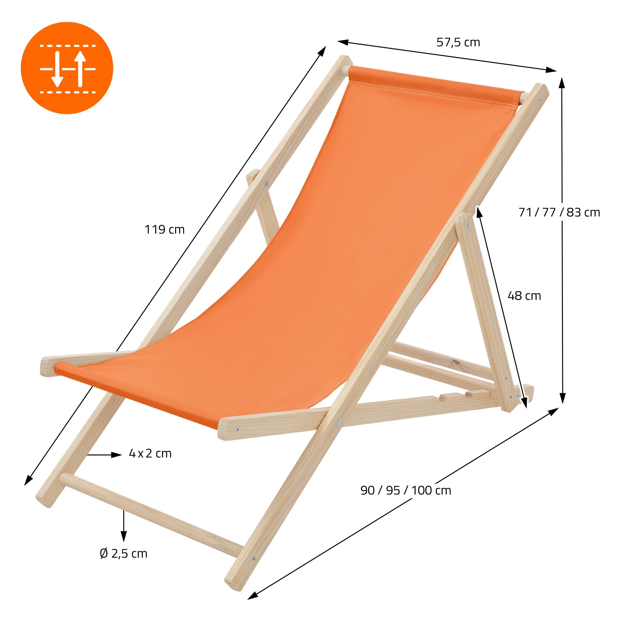 Ein klappbarer Holzliegestuhl in Orange mit Maßangaben.